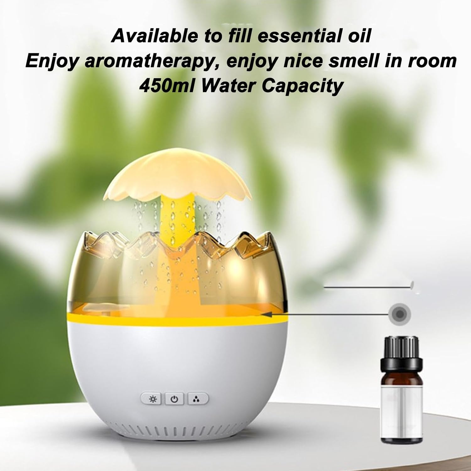 Water Drip Air Humidifier, 450Ml White Noise Colorful Night Light 5H Timing Scent Air Machine, Eggshell Adjustable Rainfall Aromatherapy Diffuser for Bedroom