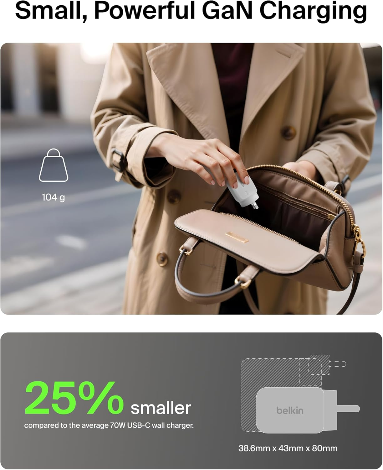 Belkin 3-Port USB C Charger Block 70W, Multi-Port Gan Wall Charger W/ 2X USB C Ports & 1X USB a Port, Fast Charging for Macbook, Iphone 16, Ipad Pro, Samsung Galaxy S25, Google Pixel, & More - White image number 5