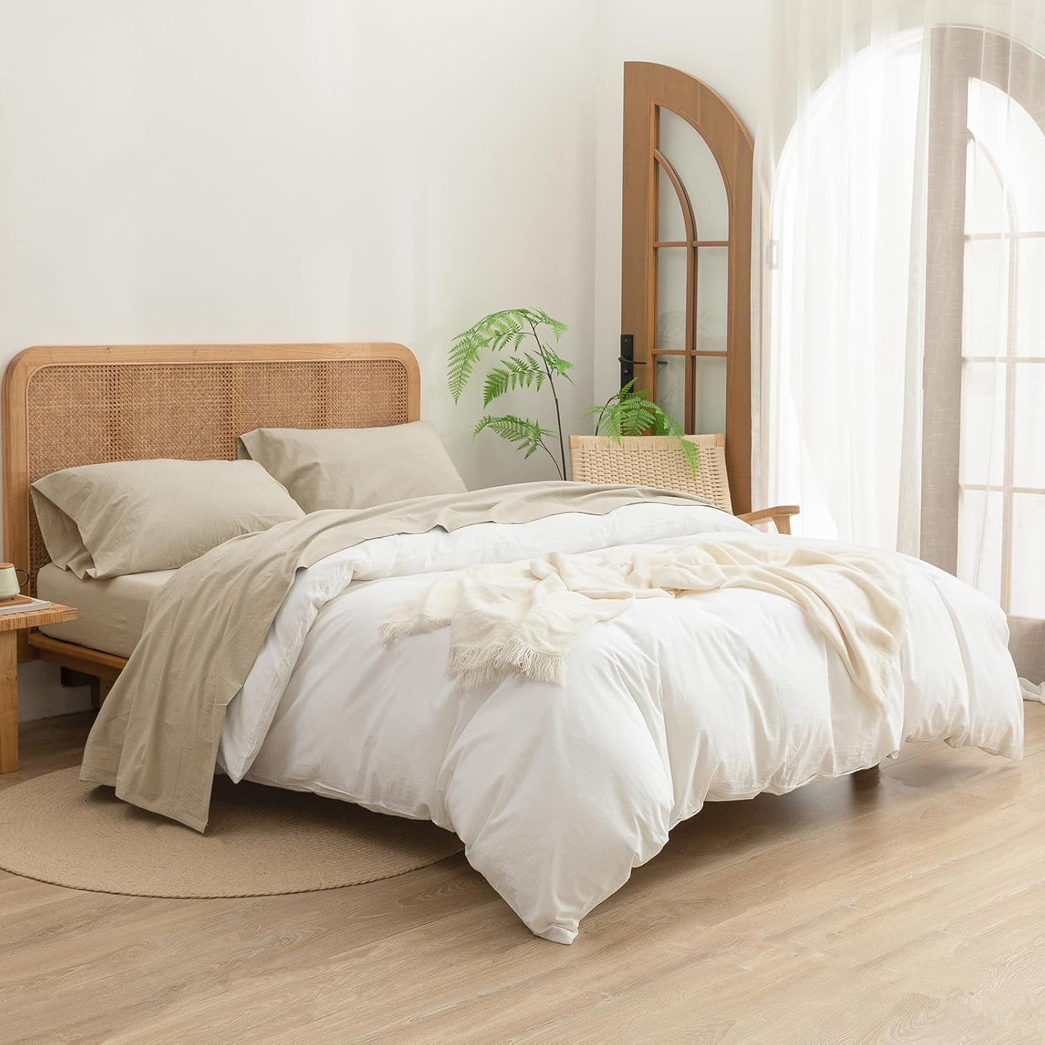 BESTOUCH Flat Sheet Only 100% Washed Cotton Linen Feel Wrinkle-Free, Fade-Resistant, Stain-Resistant, Bed Top Sheet, Solid Almond Milk Grey King