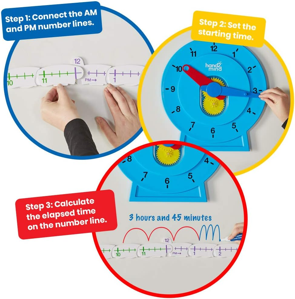 Hand2Mind Advanced Numberline Clock, Telling Time Teaching Clock, Elapsed Time Clock, Analog Clock Learning for Kids, Middle School Clock Manipulatives, Teaching Time Classroom Clock (Set of 25) image number 5