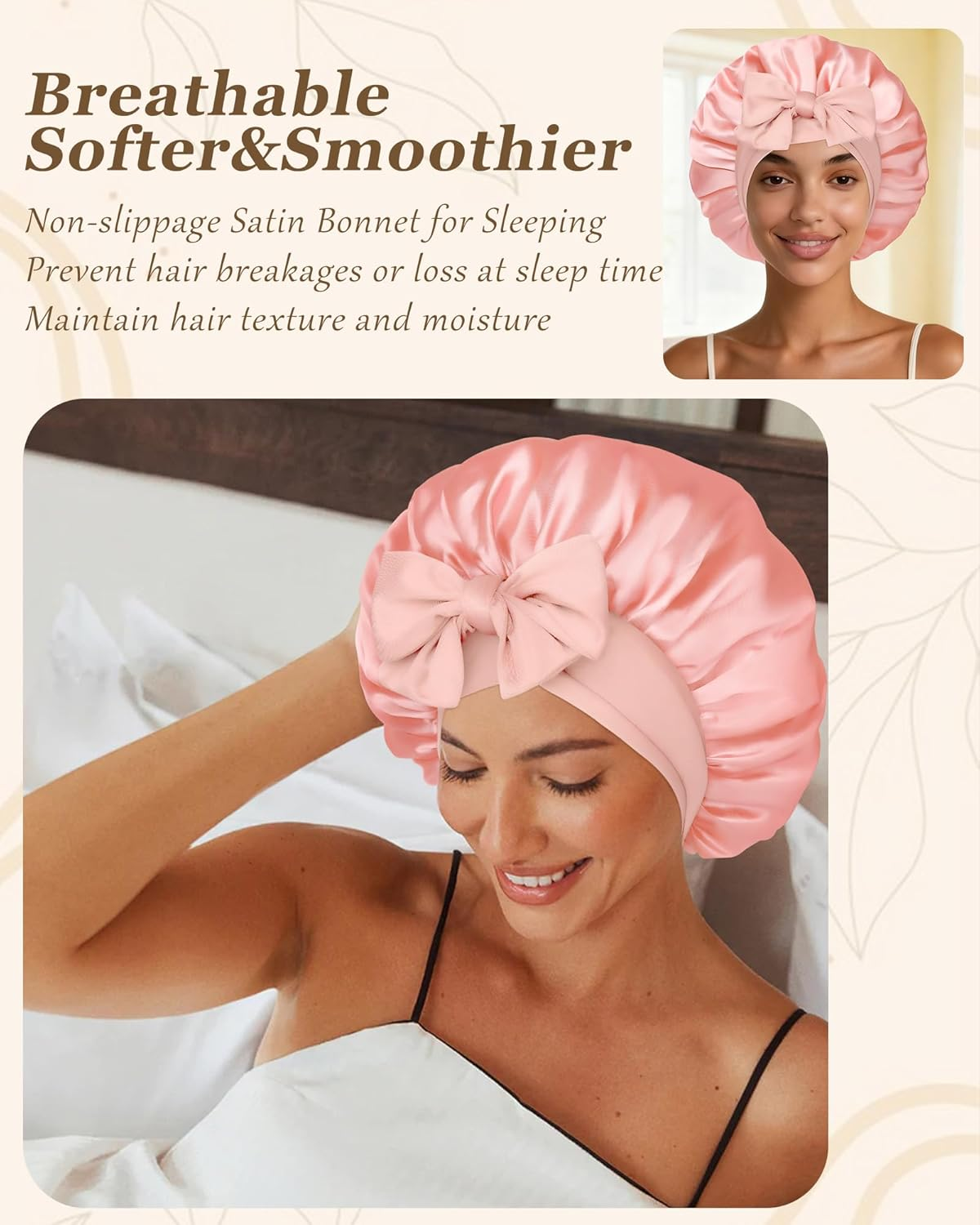 Reversible Satin Bonnet for Sleeping Women Double Layer Hair Bonnet with 2PCS Hair Scrunchies Elastic Tie Band Night Cap, Apricot Powder+Champagne - Bean Paste + Pink image number 6