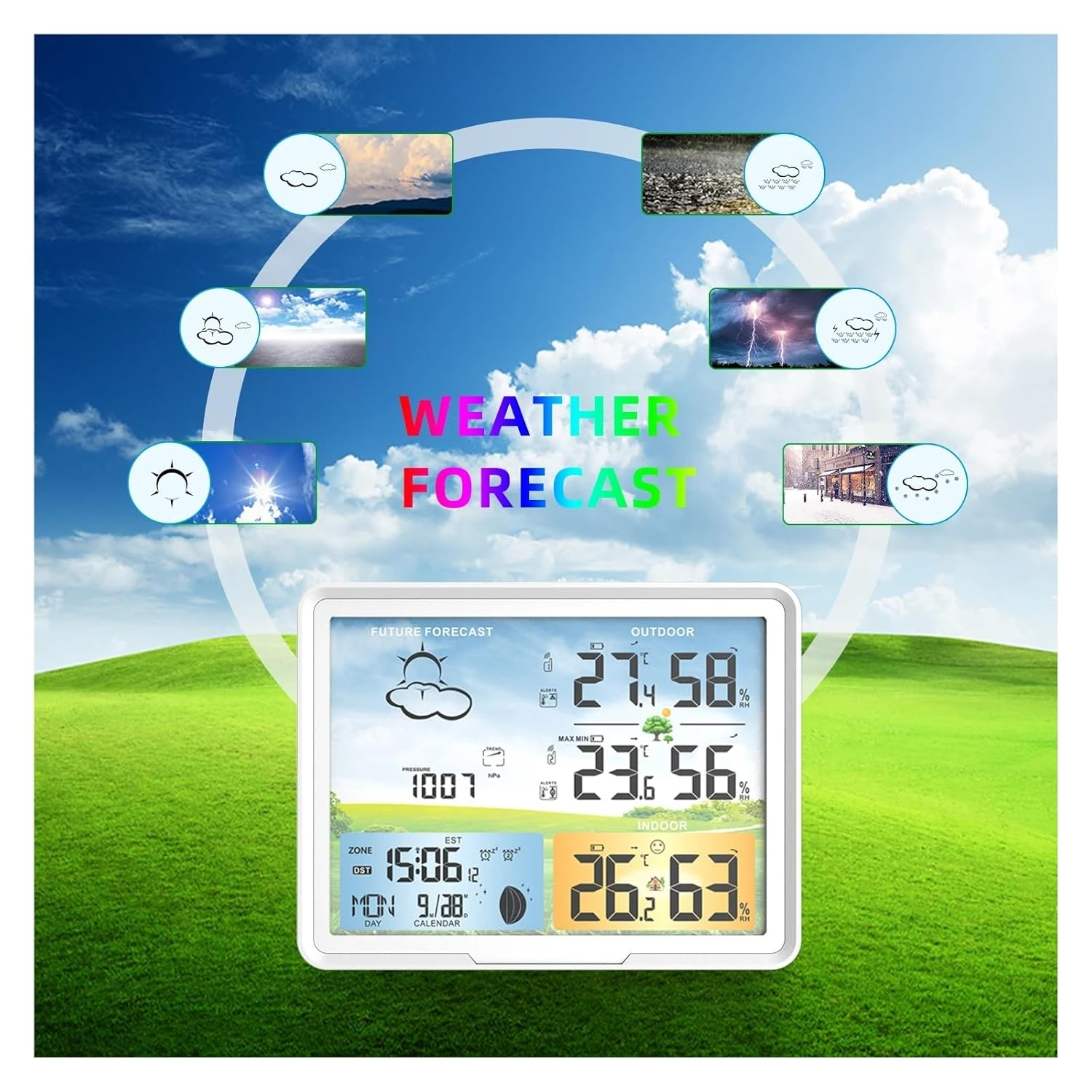 Wireless Weather Station 7" Colorful LCD Indoor Digital Thermometer Hygrometer Moon Phase Barometer Alarm Clock Forecast Sensor image number 6
