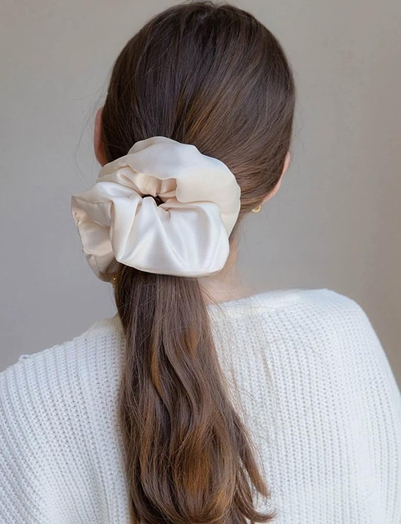 2 Pieces Jumbo Satin Silk Scrunchies for Women 7.5 Inches Large Oversize Scrunchies for Thick Hair Ties Hair Ornament (Black and Beige) - 2 Black image number 4
