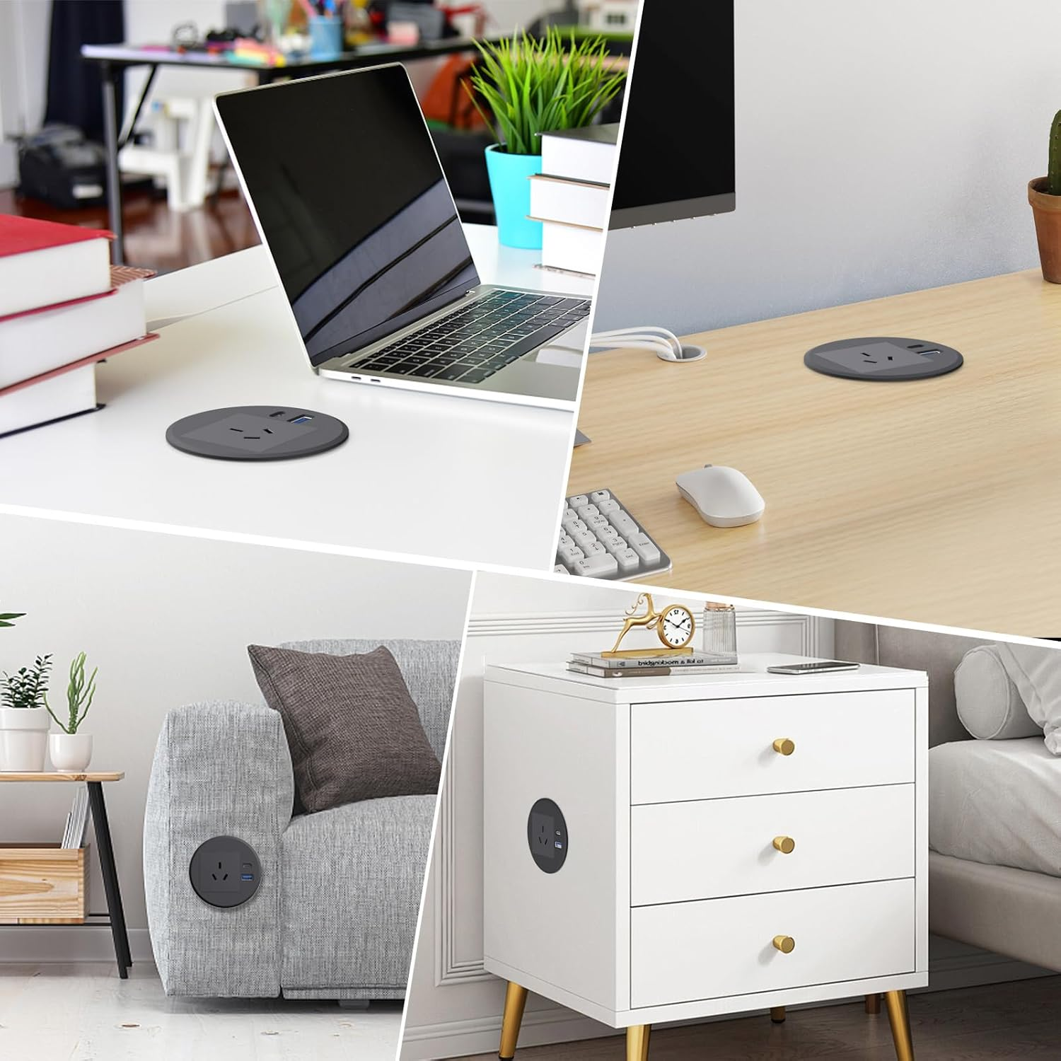 Desk Power Grommet, Haylink Recessed Power Board 80Mm Hole Grommet with AC Outlets, PD 20W USB A+C Ports, 2M Cable, Furniture Power Board for Home Office Workshop, Black image number 5