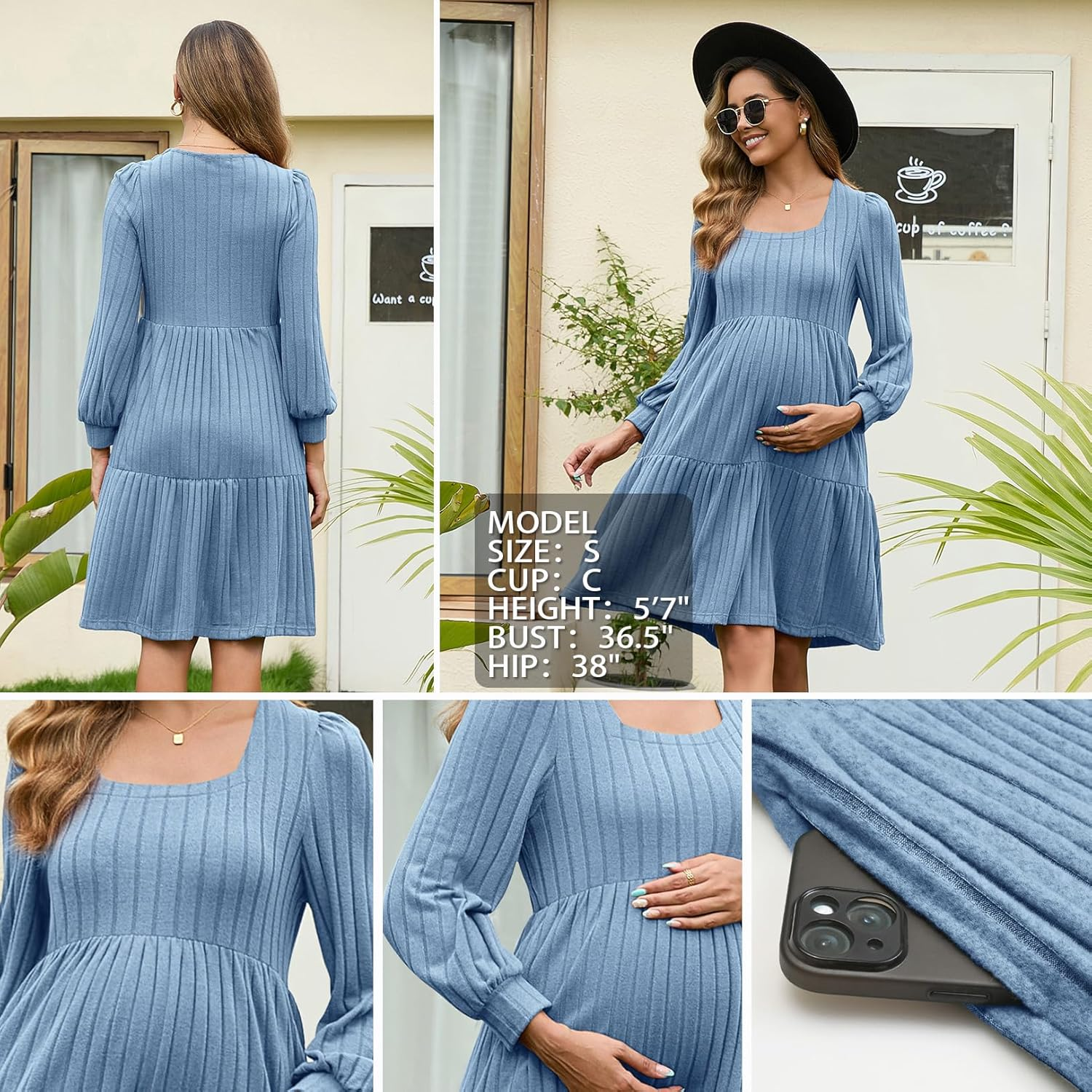 GINKANA Womens Maternity Sweater Dress Square Neck Long Sleeve Fall Casual Pregnancy Babydoll Knit Dresses with Pocket image number 2