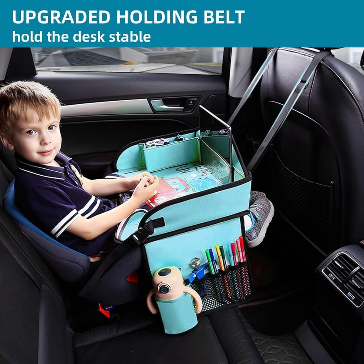 Cyanmor Kids Car Storage Travel Tray, Toddler Car Seat Tray Play Table Rack, Portable Multi-Functional Back Seat Accessory for Kids Traveling (Blue) image number 2