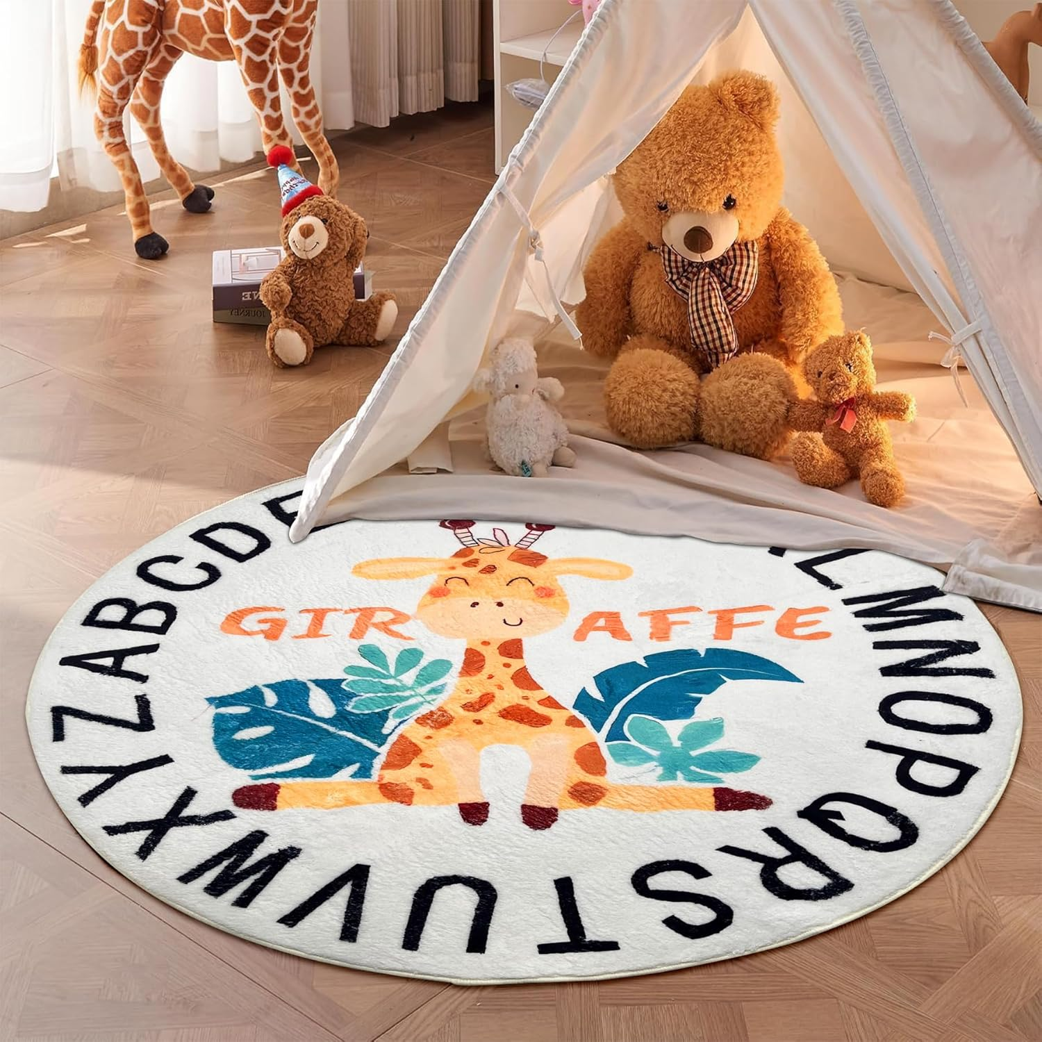 Soft round ABC Rug for Kids Room, 4Ft Fluffy Washable Circle Nursery Rug, Non-Slip Alphabet Educational Baby Kids Rug Carpet for Playroom Bedroom Classroom Kids Room Decor (White) image number 5