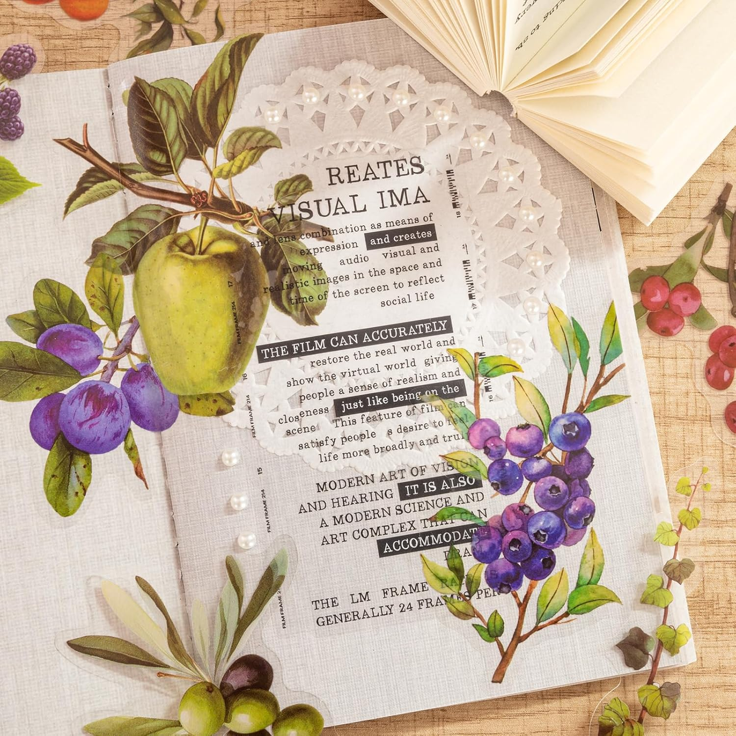 Mayplous Fruit Scrapbook Sticker Decal Set, Plastic PET, DIY Journaling, Lemon, Pineapple, Grape, Orange, 60 Pieces, Sticky Pearl, Circle Doily Paper, Beige Paper String image number 3