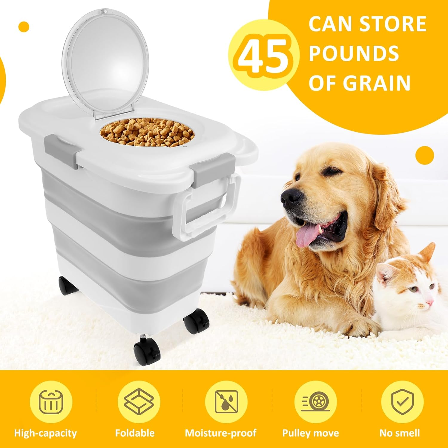 LYIYEYAN Plastic Dog Food Storage Container with Attachable Casters and Scoop, Handle Design, Large Capacity Collapsible Pet Food Container, Keep Fresh, Airtight Dog Food Bin for Home Travel image number 2