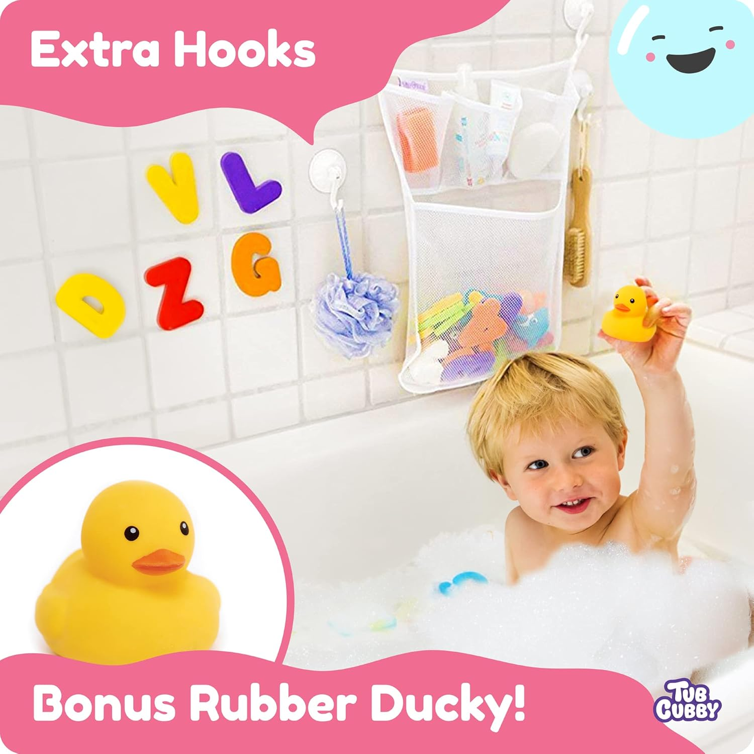 Original Tub Cubby Bath Toy Storage for Baby Toys with Suction & Adhesive Hooks, 14X20 Mesh Net Shower Caddy for Bathtub Toys, 36 ABC Soft Foam Letters & Numbers - Bonus Rubber Duck & Hooks image number 6