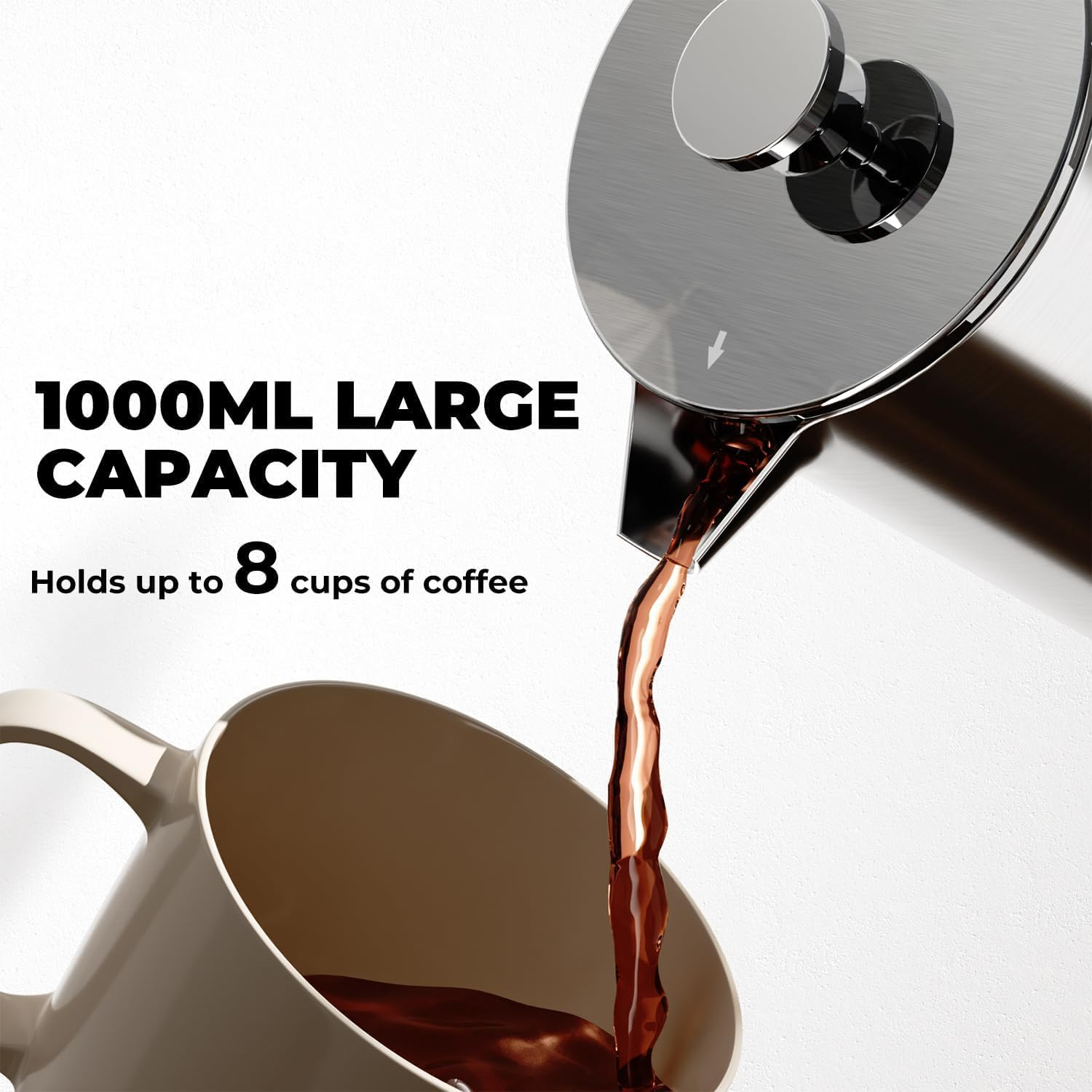 French Press Coffee Maker 8 Cup (1000Ml) &ndash; Premium Stainless Steel Cafetiere with Triple Filter System, Double-Wall Insulation & Cool-Touch Handle &ndash; Easy to Clean, Large Capacity image number 6