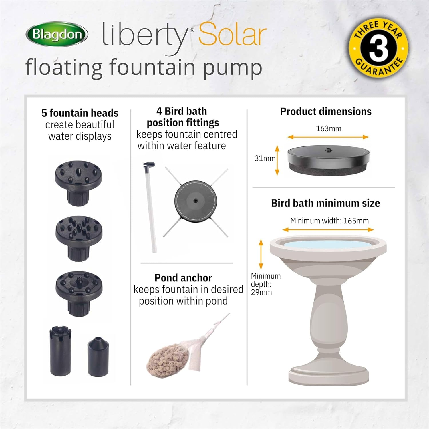 Blagdon Liberty Solar Floating Fountain Pump for Small Ponds, Water Features, Bird Baths, with Crystal Glass Panel, Five Fountain Displays, All Fittings Included, Max Flow Rate 180 Ltr/Hr, 2.2 Watts image number 3