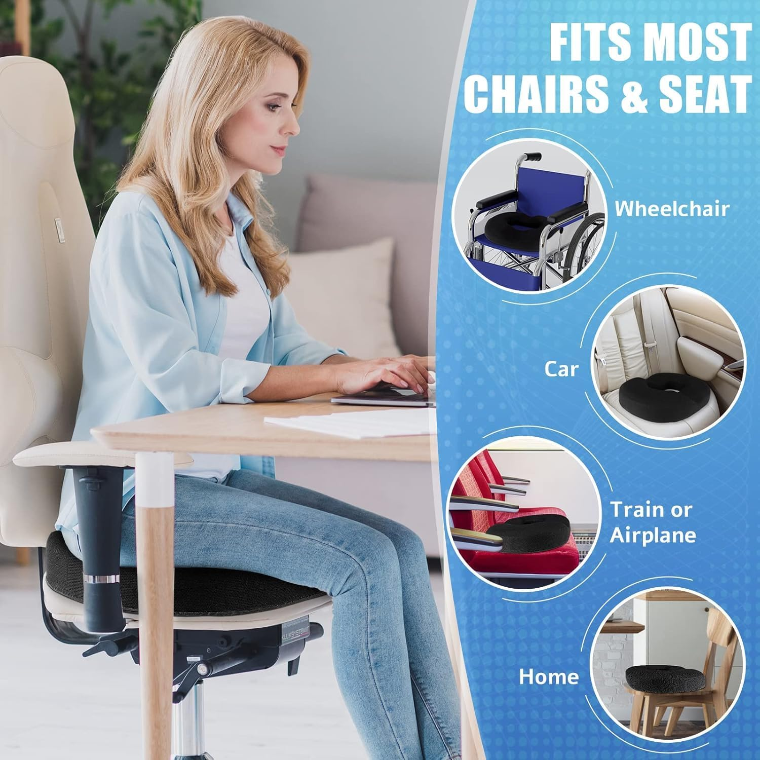 Cushzone Donut Pillow for Tailbone Pain Relief and Hemorrhoids, Memory Foam Donut Cushion for Sciatica Nerve, Seat Cushion Butt Pillow for Men Women at Home Office Chair Car Long Sitting Comfort image number 6