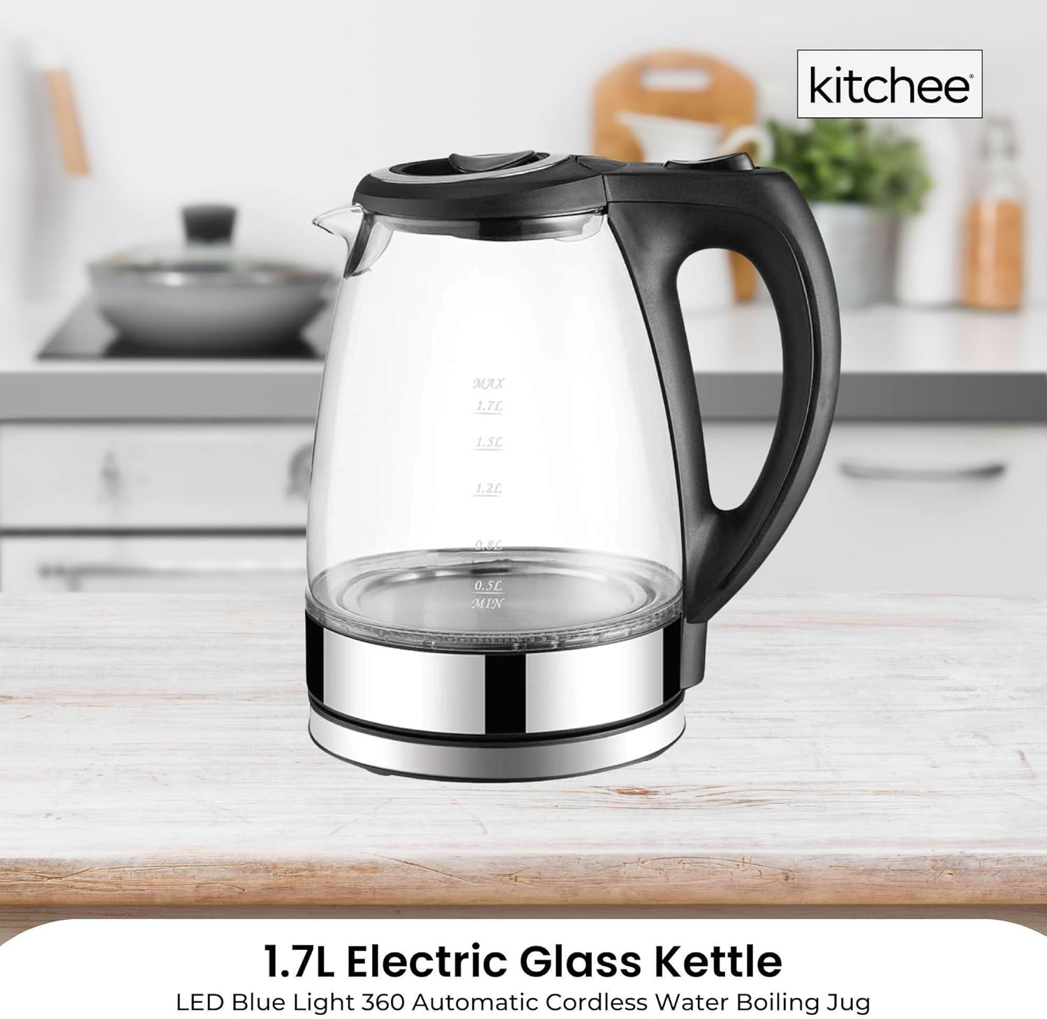 1.7L Electric Glass Kettle LED Blue Light 360 Automatic Cordless Water Boiling Jug image number 2