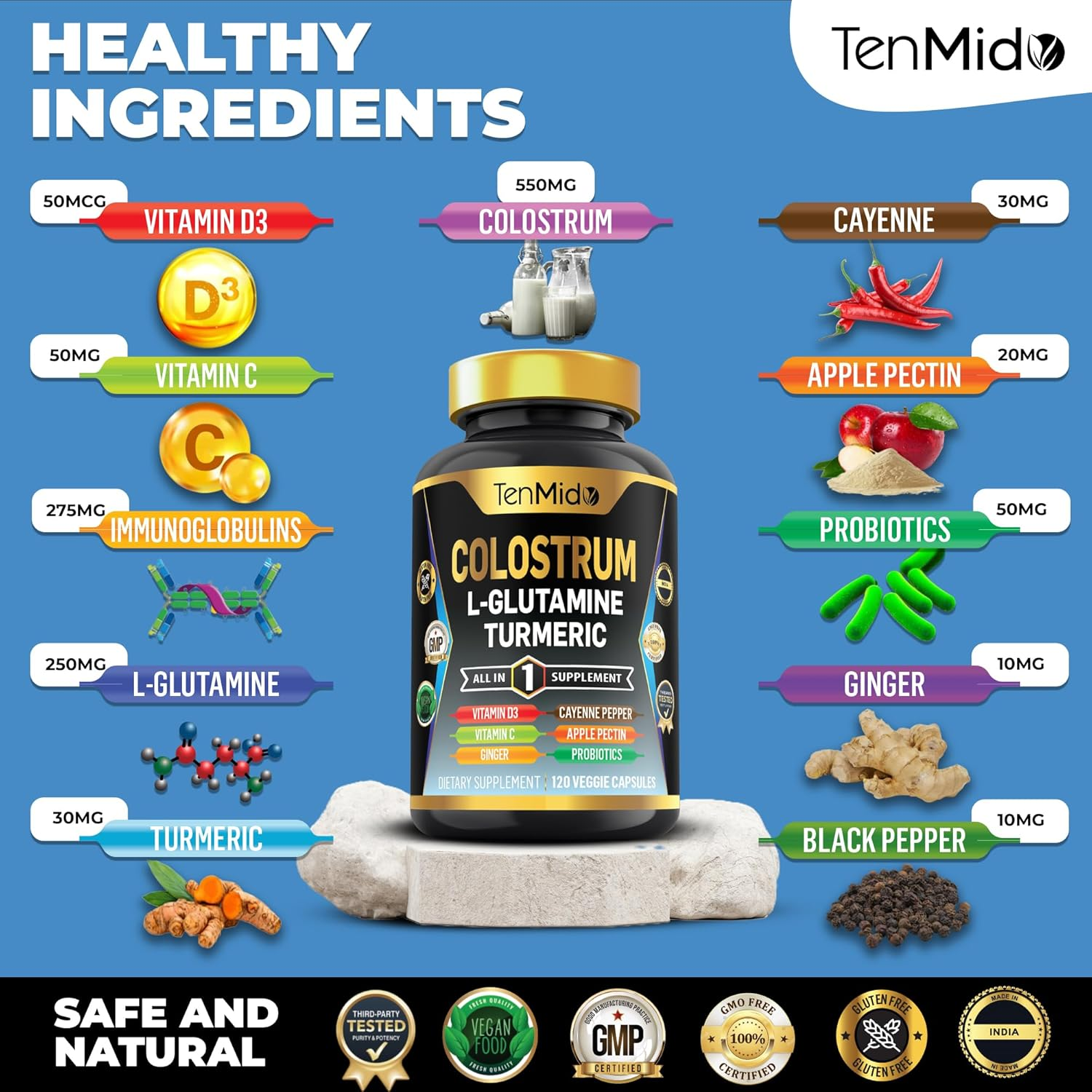 Colostrum Supplement - 10In1 Formula - Combine with L- Glutamine, Turmeric, Cayenne Pepper, Apple Pectin, Probiotics, Ginger, and More - Digestive Health, Immune Support - 120 Capsules image number 3