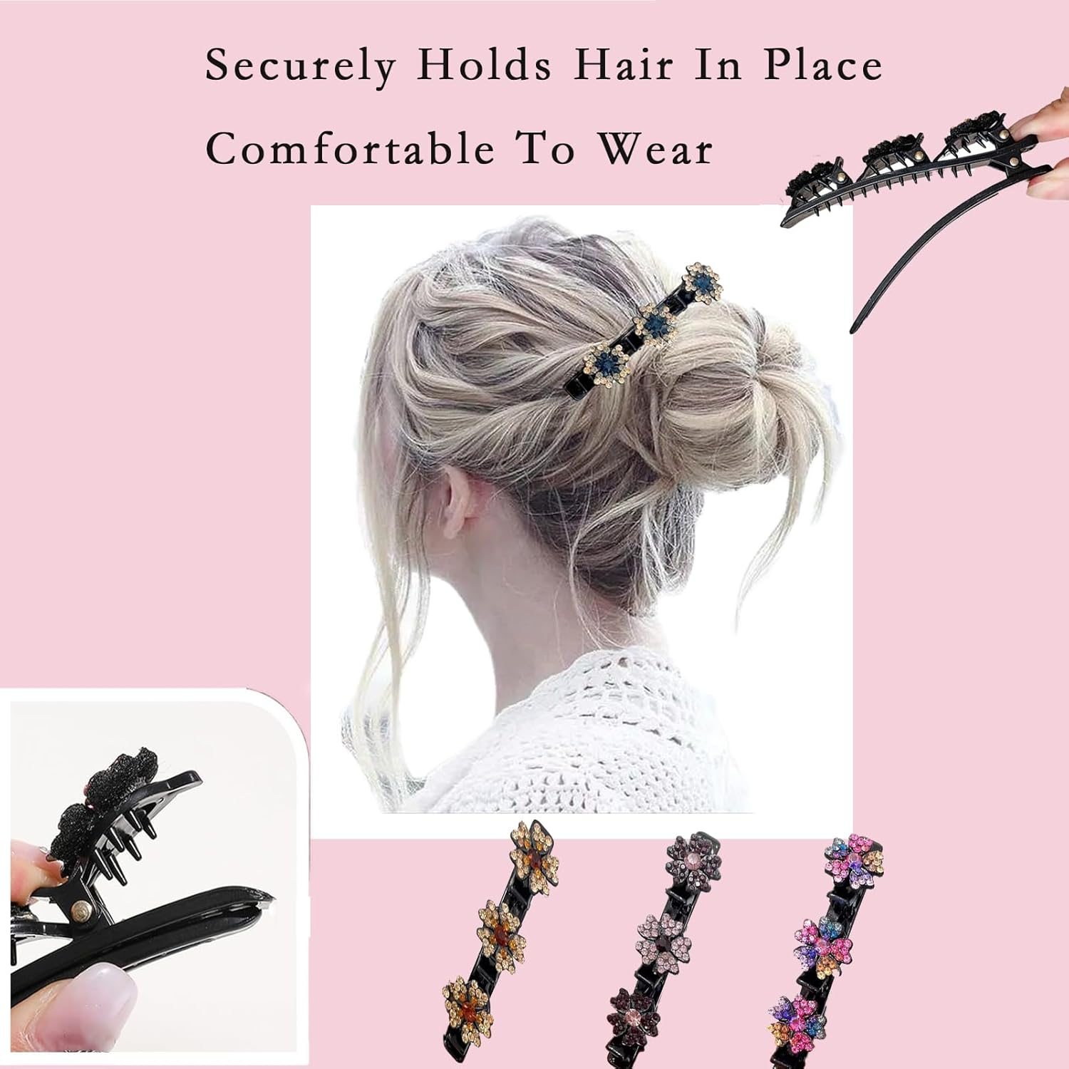 Sparkling Crystal Stone Braided Hair Clips, 2024 New Women'S Shiny Rhinestone Duckbill Clips for Ladies and Girls(2Pcs) (Colourful) image number 3