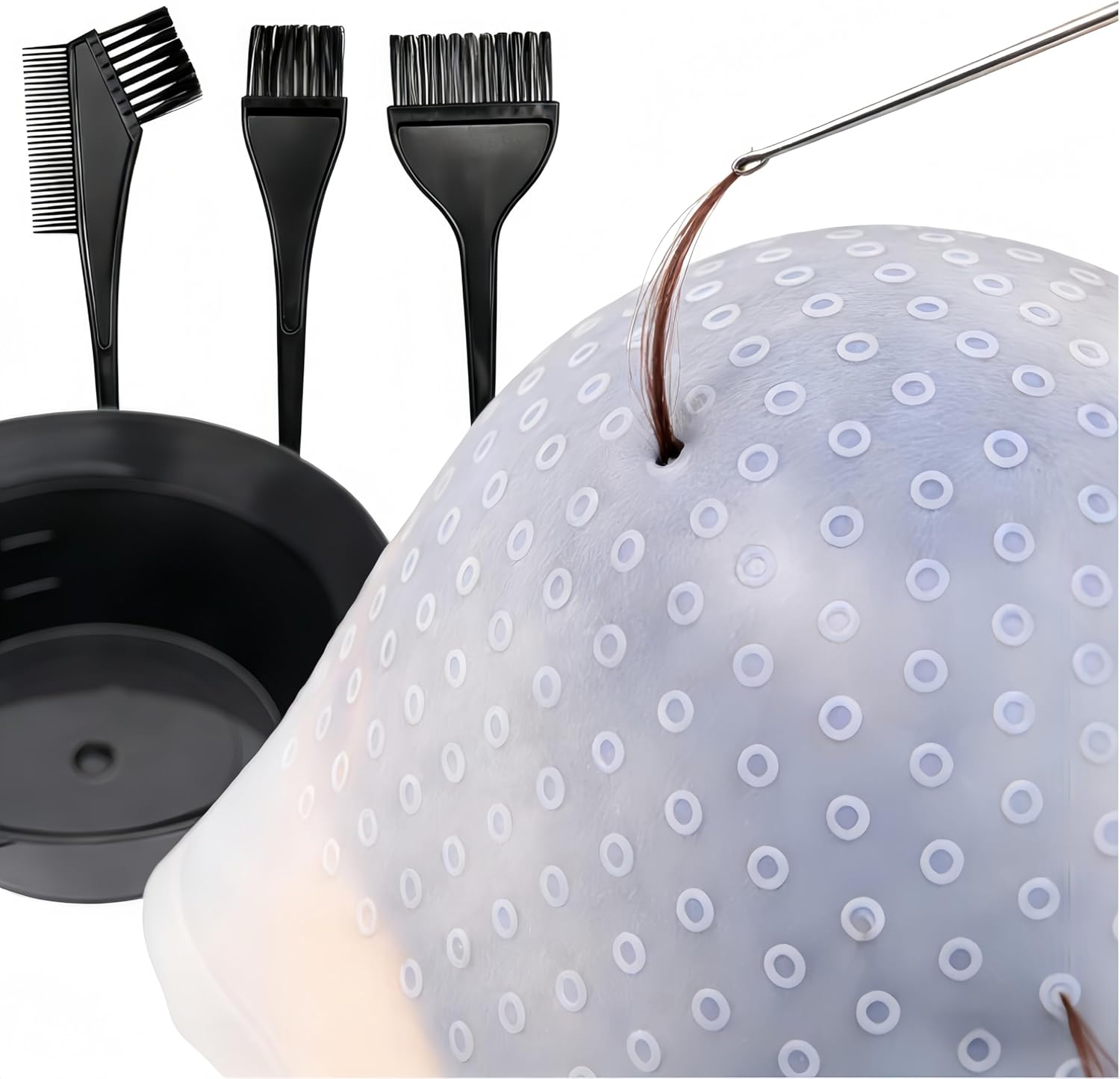 Aknebriax 6Pcs Hair Coloring Kit,Hair Coloring Highlighting Cap,Silicone Pull through Caps Hair Coloring Frosting Cap with Hook, Hair Agitator, Brush, Hair Tinting Bowl.