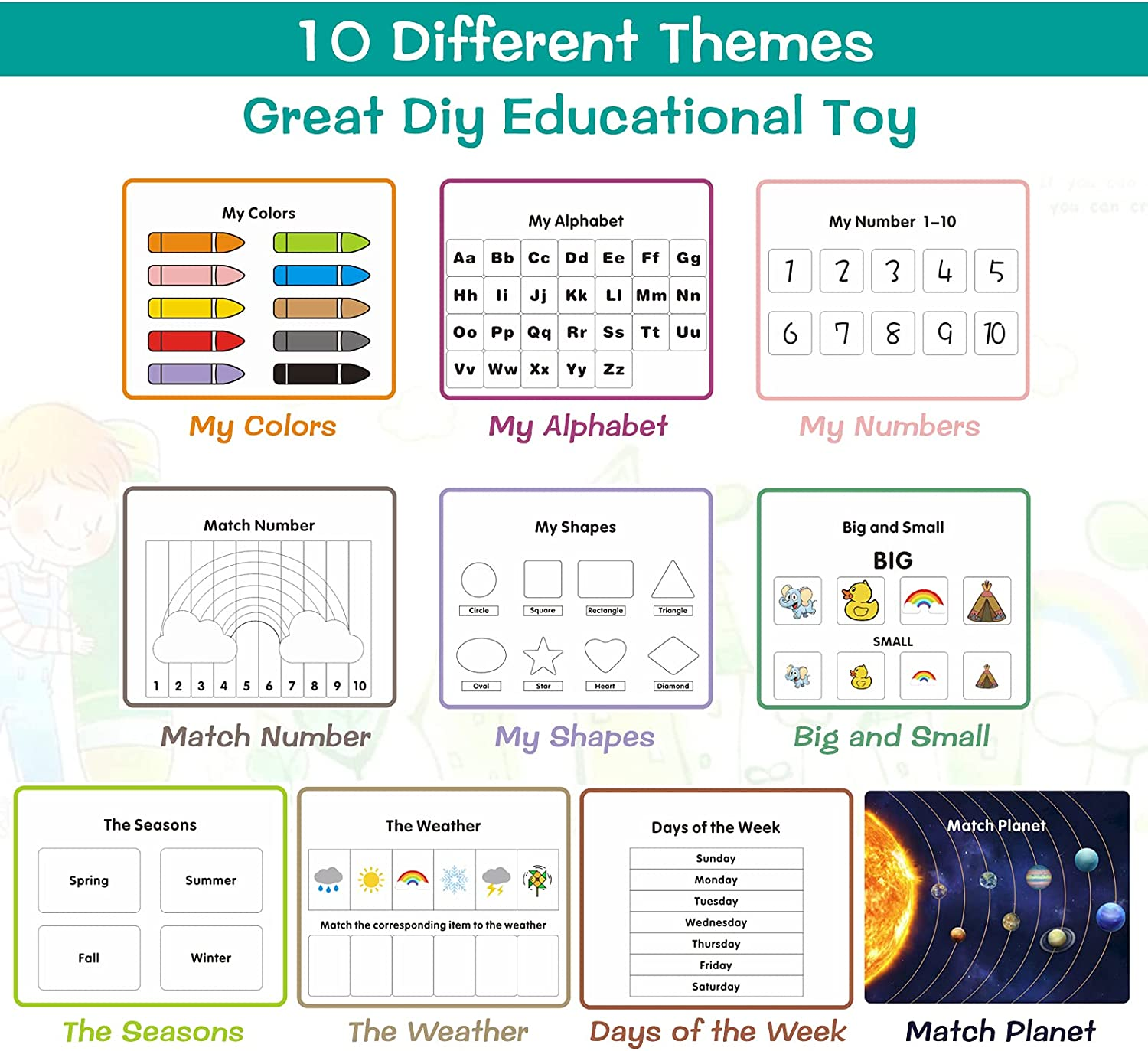 YHZAN Montessori Sensory Toy Preschool Busy Book Toddler Activities 10 Themes for Autism Early Development Aids for Home ABC Shape Color Match Planet Game image number 1