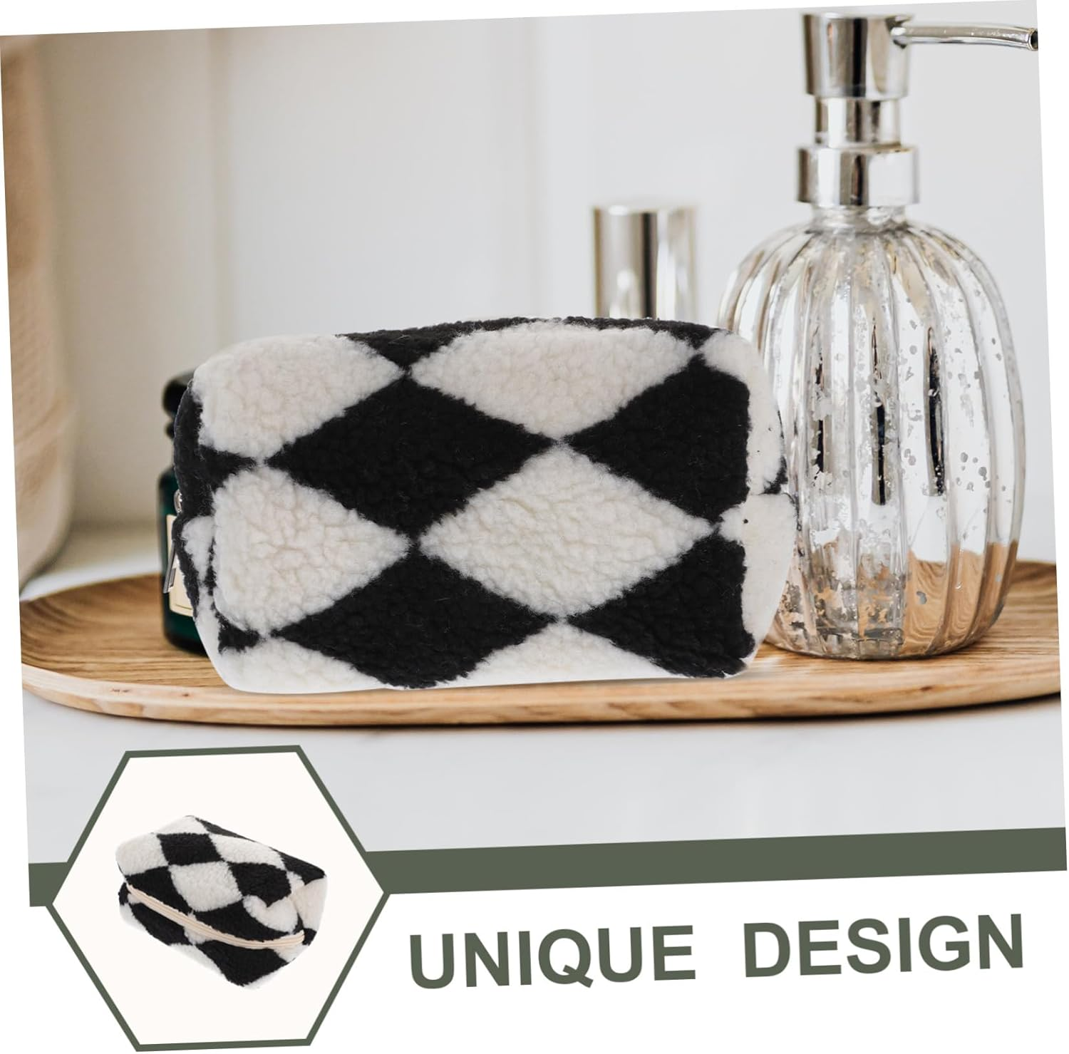 Anneome Fluffy Checkered Makeup Bag Plush Cosmetic Travel Pouch Zippered Toiletry Organizer for Women Stylish Storage Case for Pens and Items image number 1