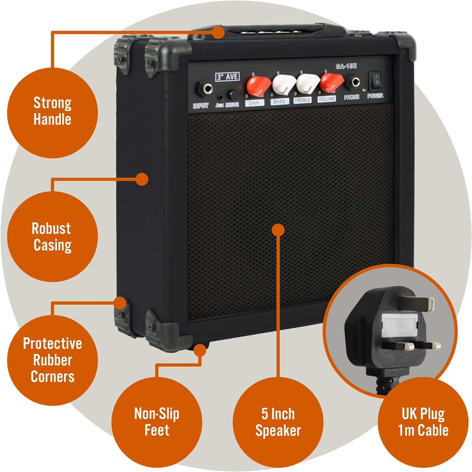 3Rd Avenue 15W Guitar Practice Amplifier with Headphone Output, Overdrive Switch, 2 Band EQ, Tone/Gain Controls &ndash; Portable Compact &ndash; Black image number 7