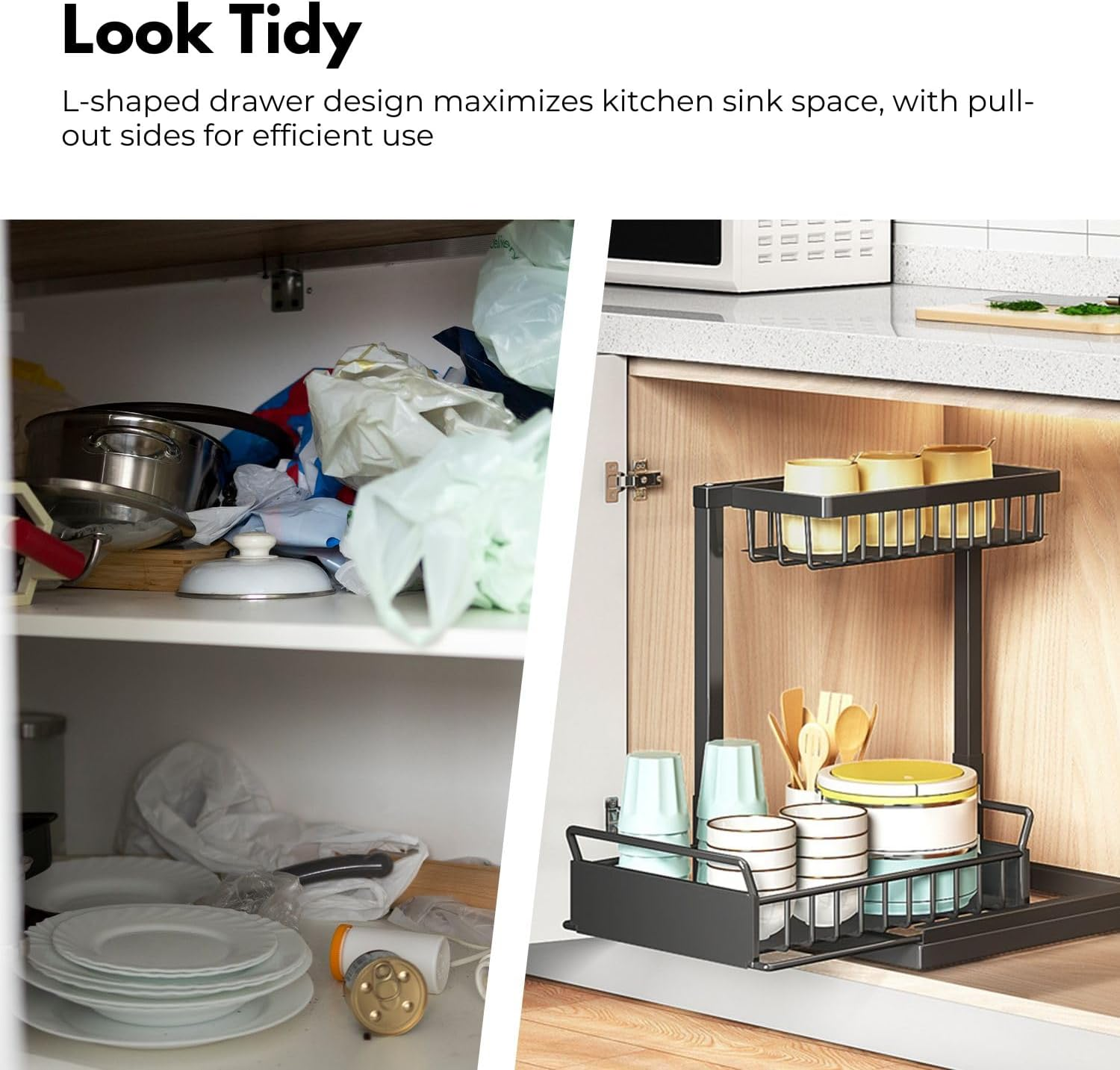 Gominimo under Sink Storage Rack 2 Tier Multi-Purpose, Silent Slide Rails, Strong Bearing Capacity, Easy Accessibility, Perfect for Kitchen, Home Storage and Organisation, Black image number 3