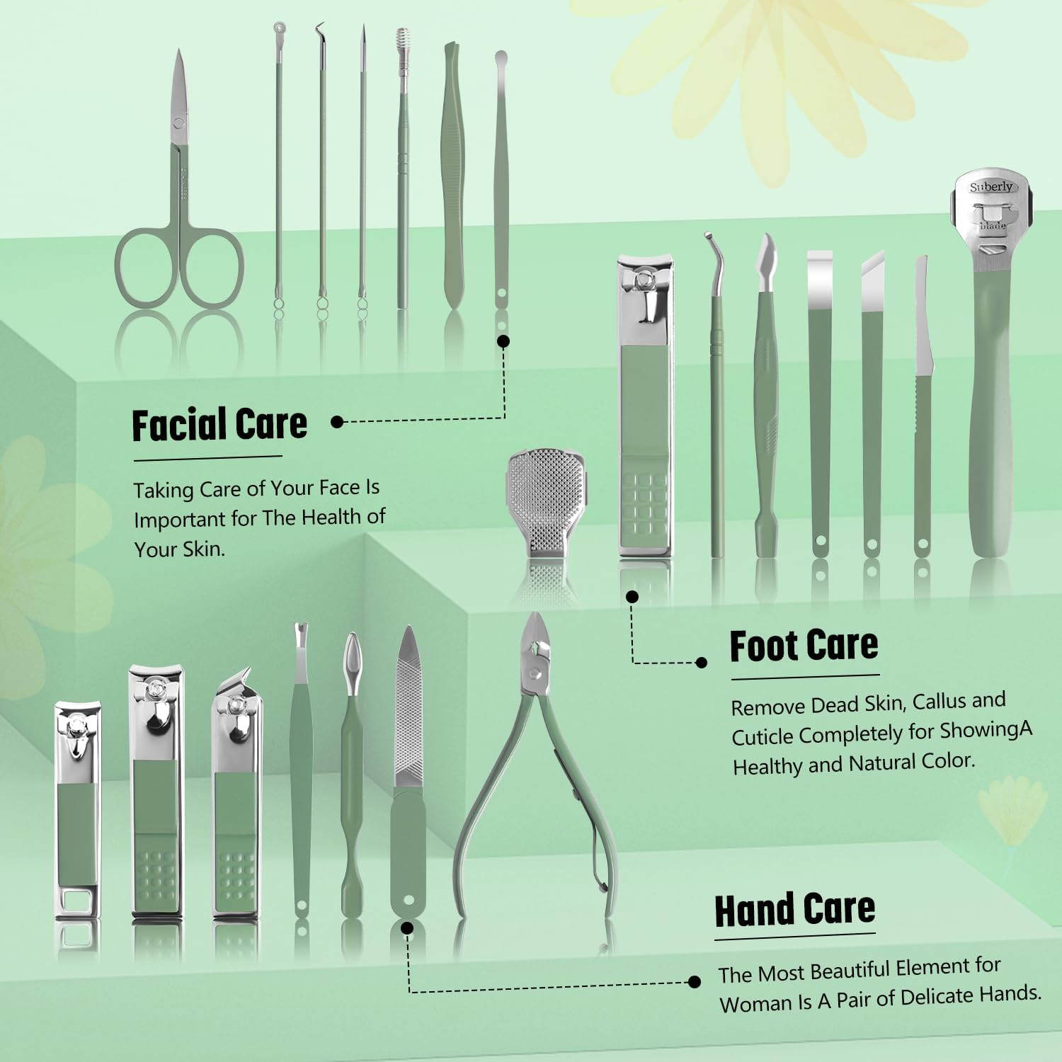 Manicure Set Pedicure Kit - 22 Pieces Stainless Steel Manicure Kit Professional Nail Clipper Set Pedicure Set, Nail Care Kit with Travel Case Green - Pale Green image number 7