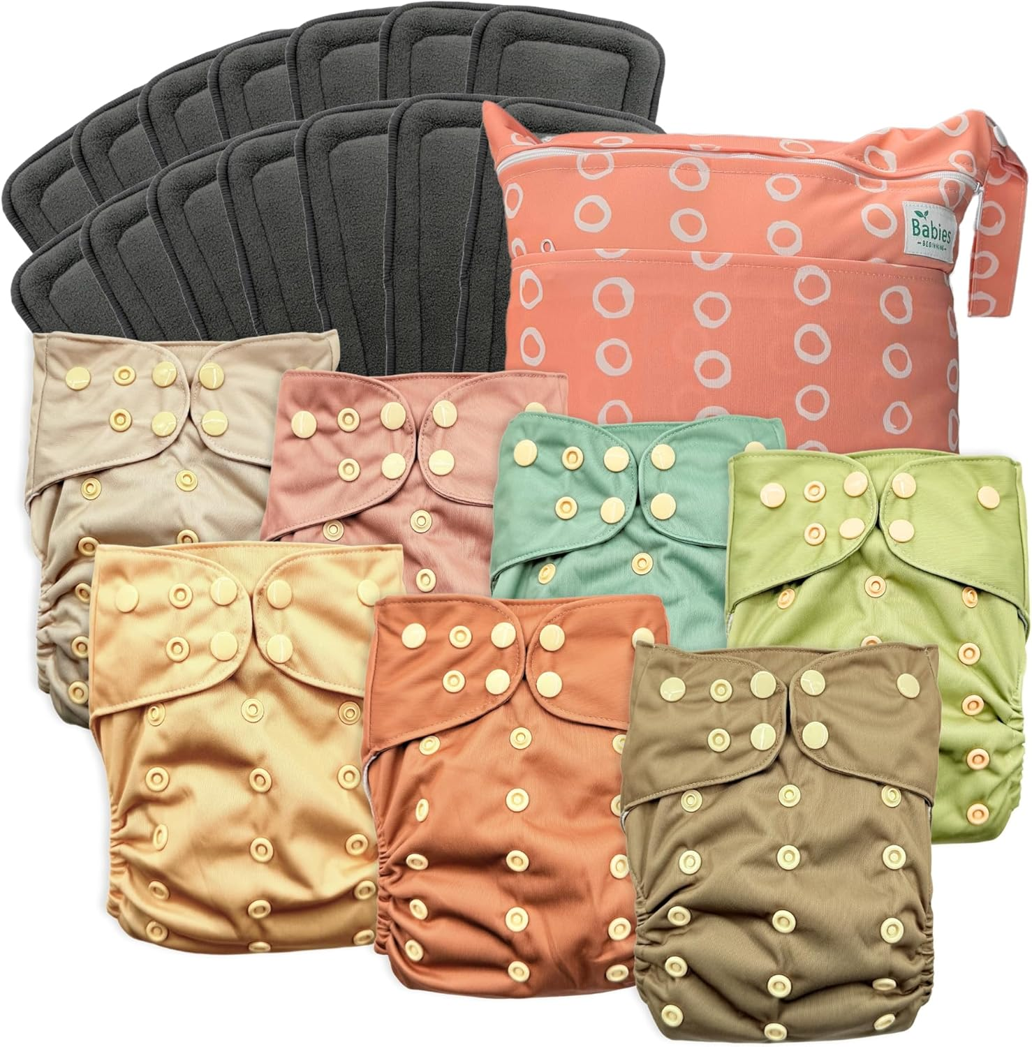 7-Pack Reusable Cloth Diapers with AWJ Interior &ndash; Includes 14 Absorbent Inserts and 1 Wet Bag &ndash; Adjustable, Waterproof, and Washable (Midnight Cozy, Cotton Inserts)