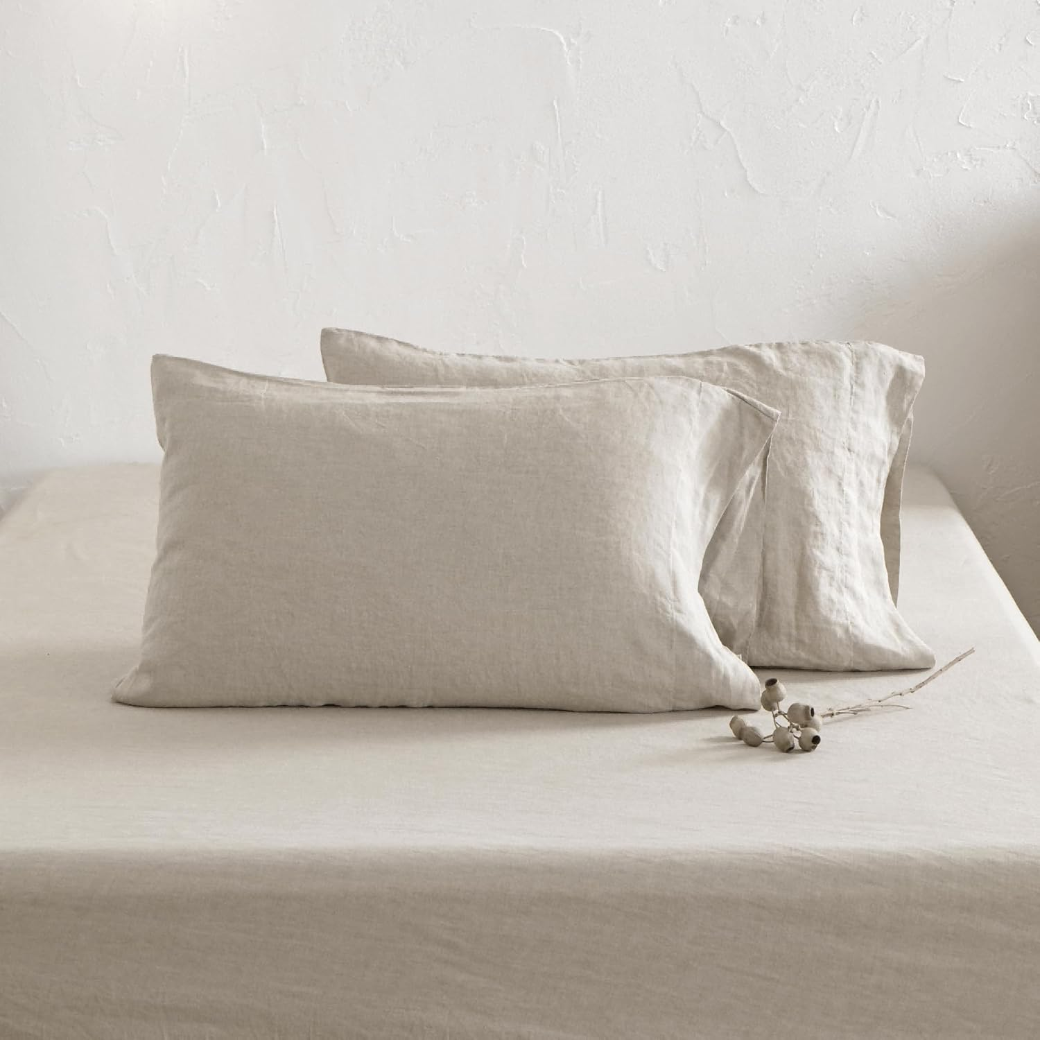 ATLINIA 100% Pure Flax Linen Bedding Set - Stone Washed French Linen Organic Fabric Boho Bedding Deep Pocket Fitted Sheet Farmhouse Flat Sheet 2 Pillowcases (Natural, Double)