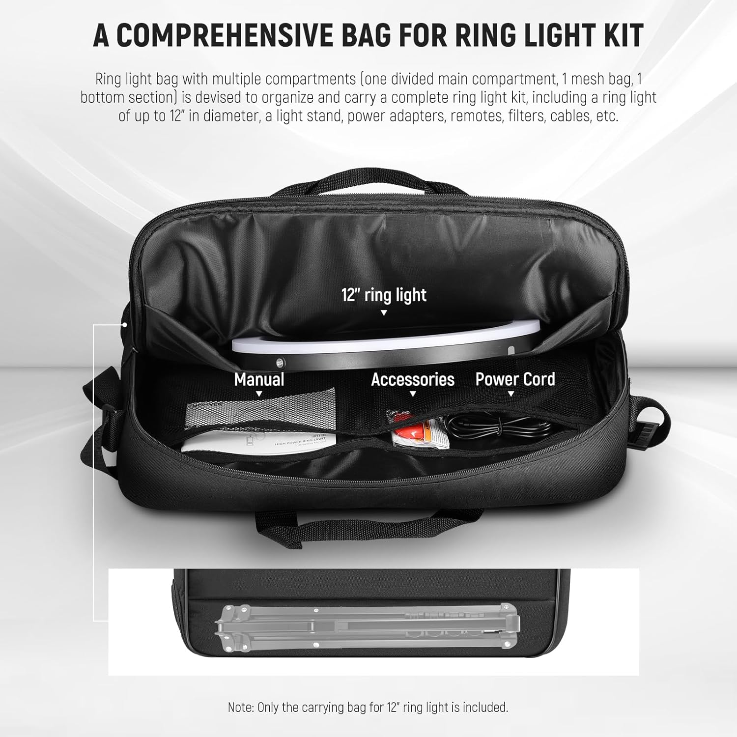 NEEWER 12" Ring Light Carrying Bag for RH12B RH12C RH10B RH8B, 19.7"X16.5"/50X42Cm Portable Protective Nylon Travel Case with Separate Section for Folded Light Stand Tripod up to 19.7"/50Cm, RU-011 image number 1