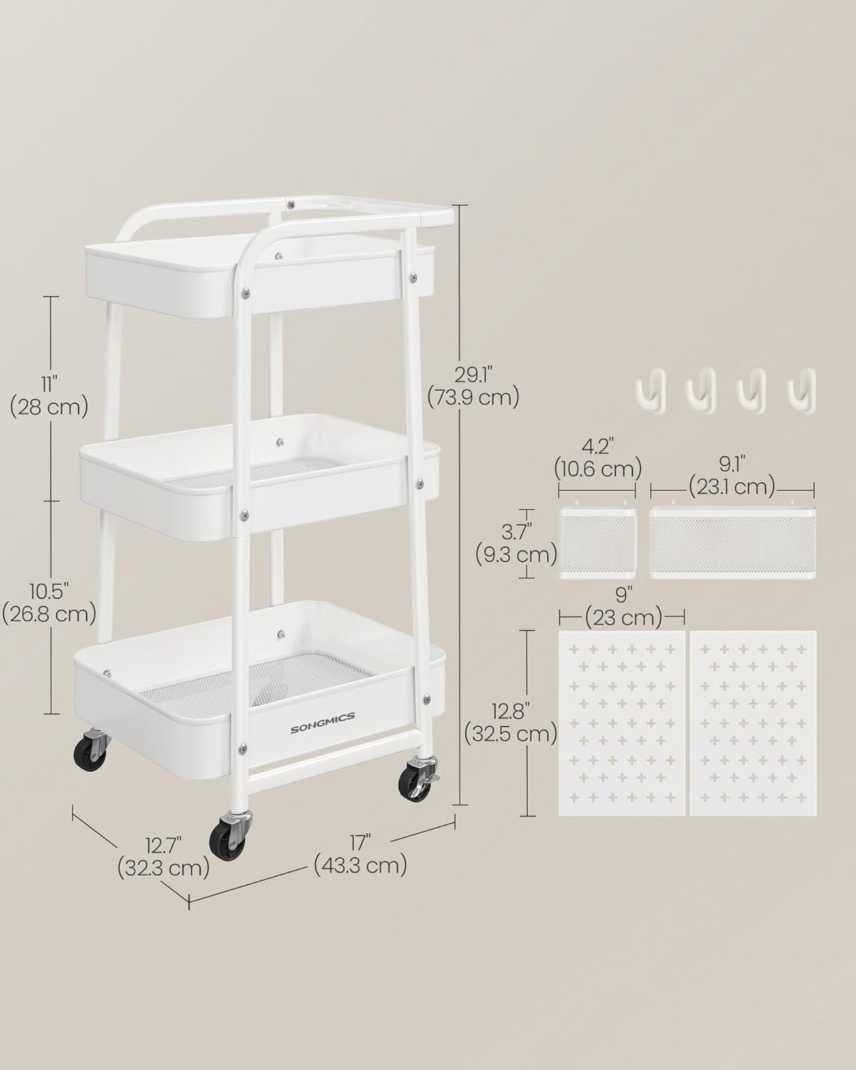 SONGMICS 3-Tier Storage Cart, Rolling Utility Cart, Metal Mesh Shelves, 2 Removable Pegboards, 2 Hanging Holders, 4 Hooks, Craft Cart for Living Room, Kitchen, Office, Bathroom, Cloud White ULRC037W01 image number 4