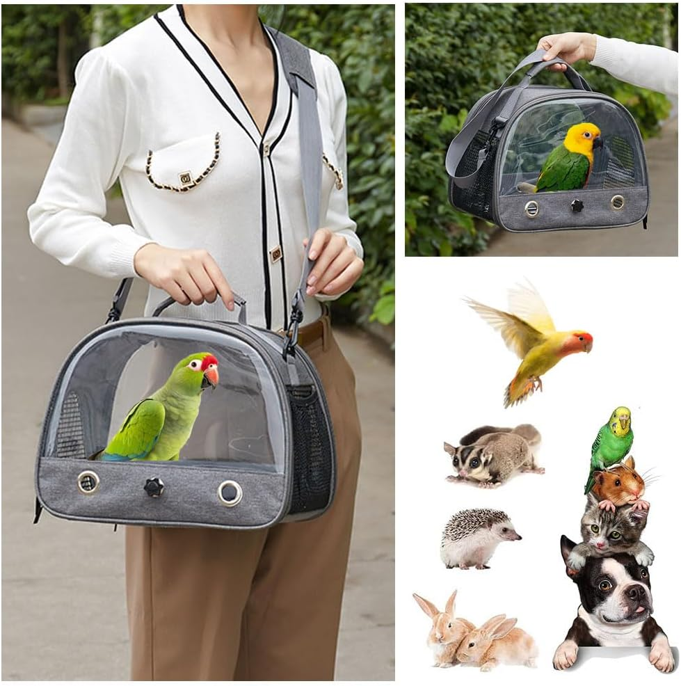 Esforzarse Grey Bird Travel Carrier with Stand Perch and Stainless Tray, Pet Transparent Breathable Travel Cage, Portable Small Bird Parrot Parakeet Cockatiel Carrier for Small Cockatiel, Birds,Parrot image number 3