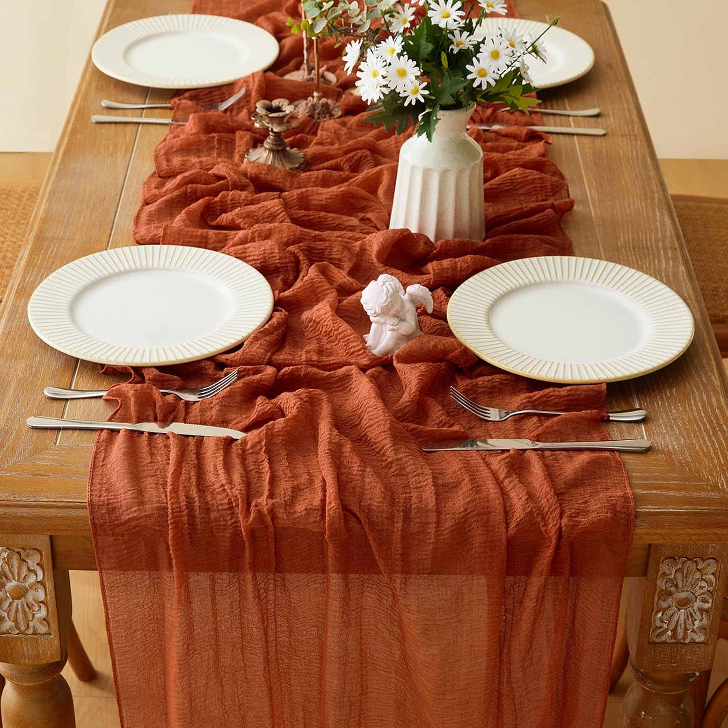 Terracotta Table Runner Christmas Cheesecloth Gauze 10 FT Rustic Burnt Orange Cheese Cloth for Wedding Baby Bridal Shower Friendsgiving Party Sheer Winter Home Decorations (Terracotta, 1 Pack) image number 2