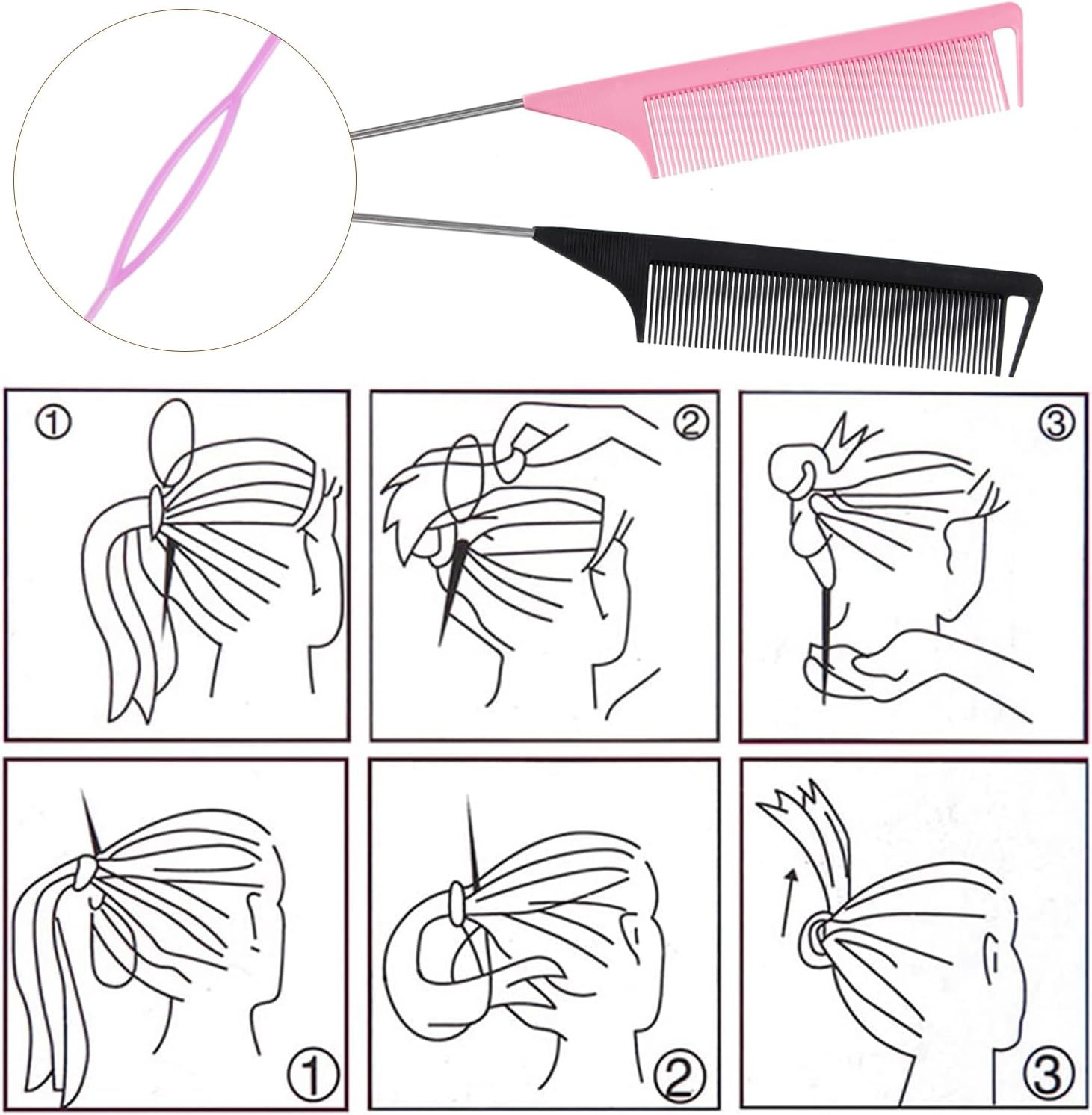 Acooruiteng Topsy Tail Hair Tool Hair Braiding Tool Hair Pull through Tool Topsy Tail Loop Topsy Tail Kit French Braid Loop Tool Hair Loop Styling Tool with Rat Tail Comb and Rubber Bands(6 Pcs) image number 6
