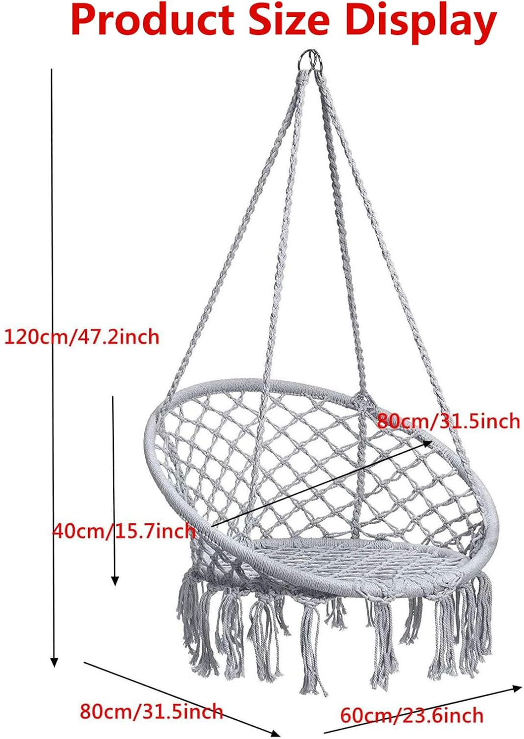 Hammock Chair, TOPIND round Hanging Macrame Swing, Handmade Knitted Cotton Rope Hammock Swing Chair with Hardware Kits, Capacity 330 Lbs, for Indoor, Outdoor, Bedroom, Patio, Yard, Deck, Garden (Grey) - Beige image number 3