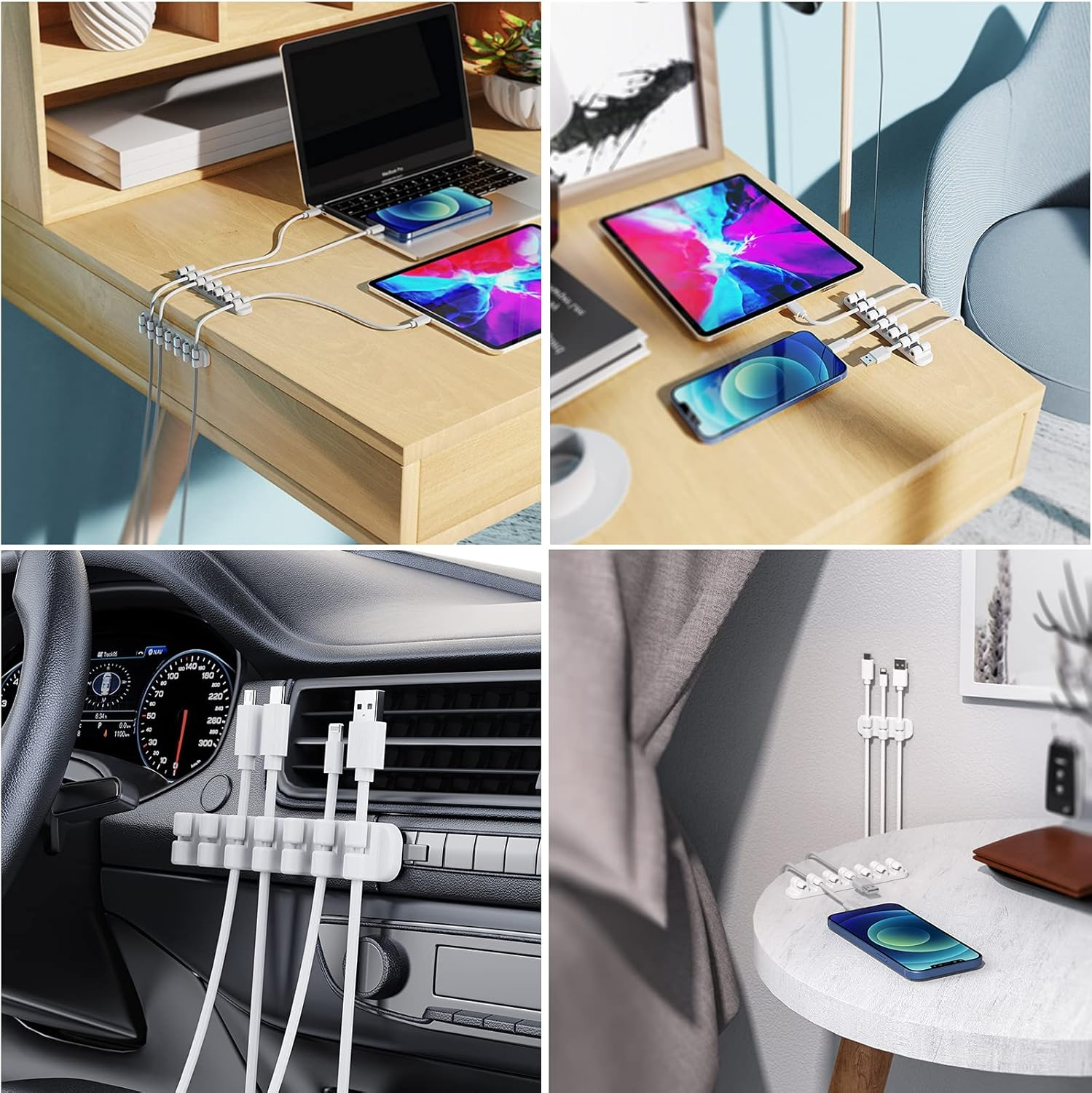 SOULWIT Upgraded Cable Holder, 3Pack Cable Management Cord Organizer Clips Silicone Self Adhesive for Desktop USB Charging Cable Power Cord Bedside Wire PC Office Home (3/5/7 Slot,White) - White image number 5