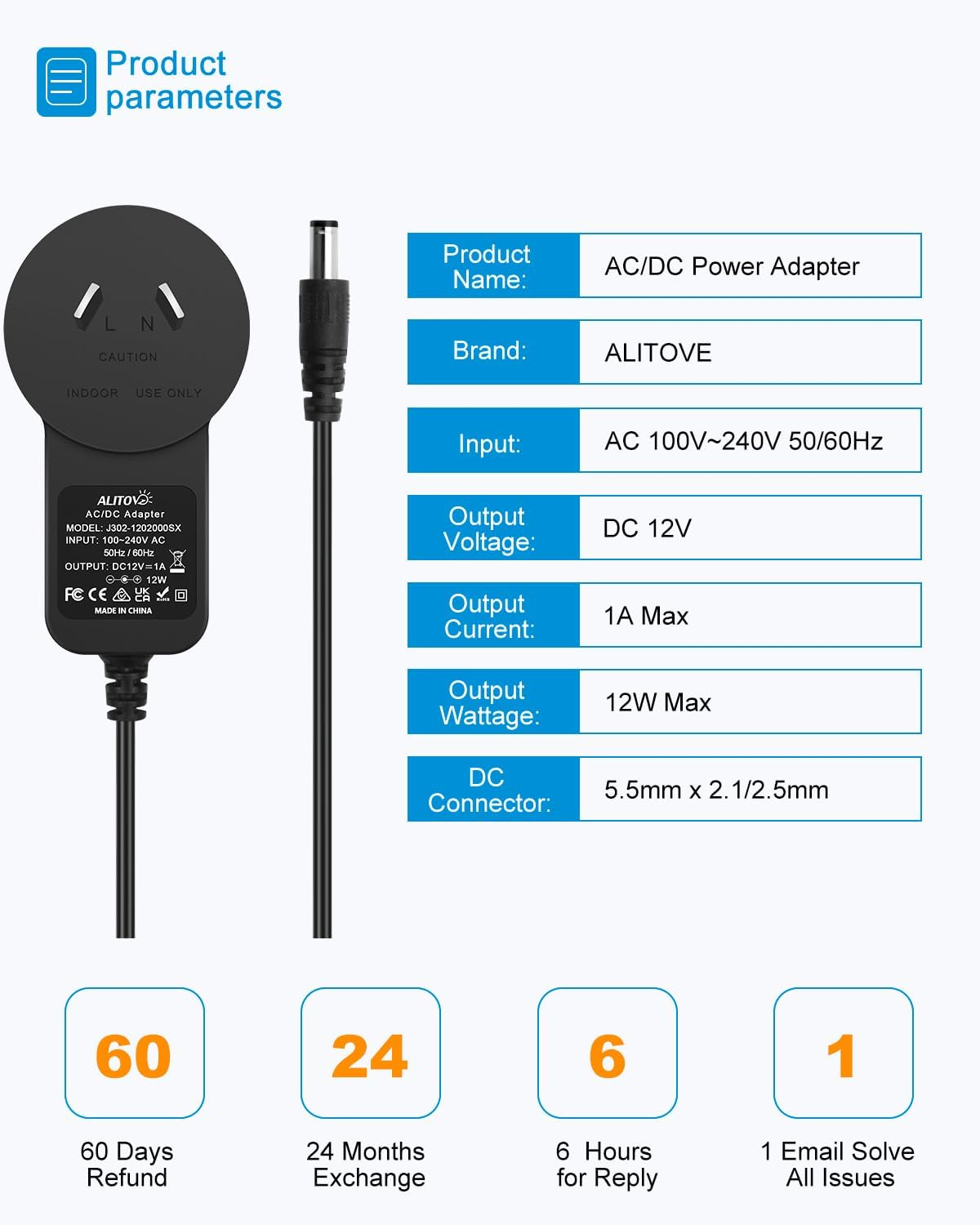 ALITOVE DC 12V 1A Power Supply 1000Ma 12W AC/DC Adapter, 220~240V AC to DC 12 Volt 1 Amp 0.6A Converter with 5.5 X 2.5Mm 2.1Mm for LED Strip Light CCTV Security Camera DVR Surveillance System AU Plug image number 1