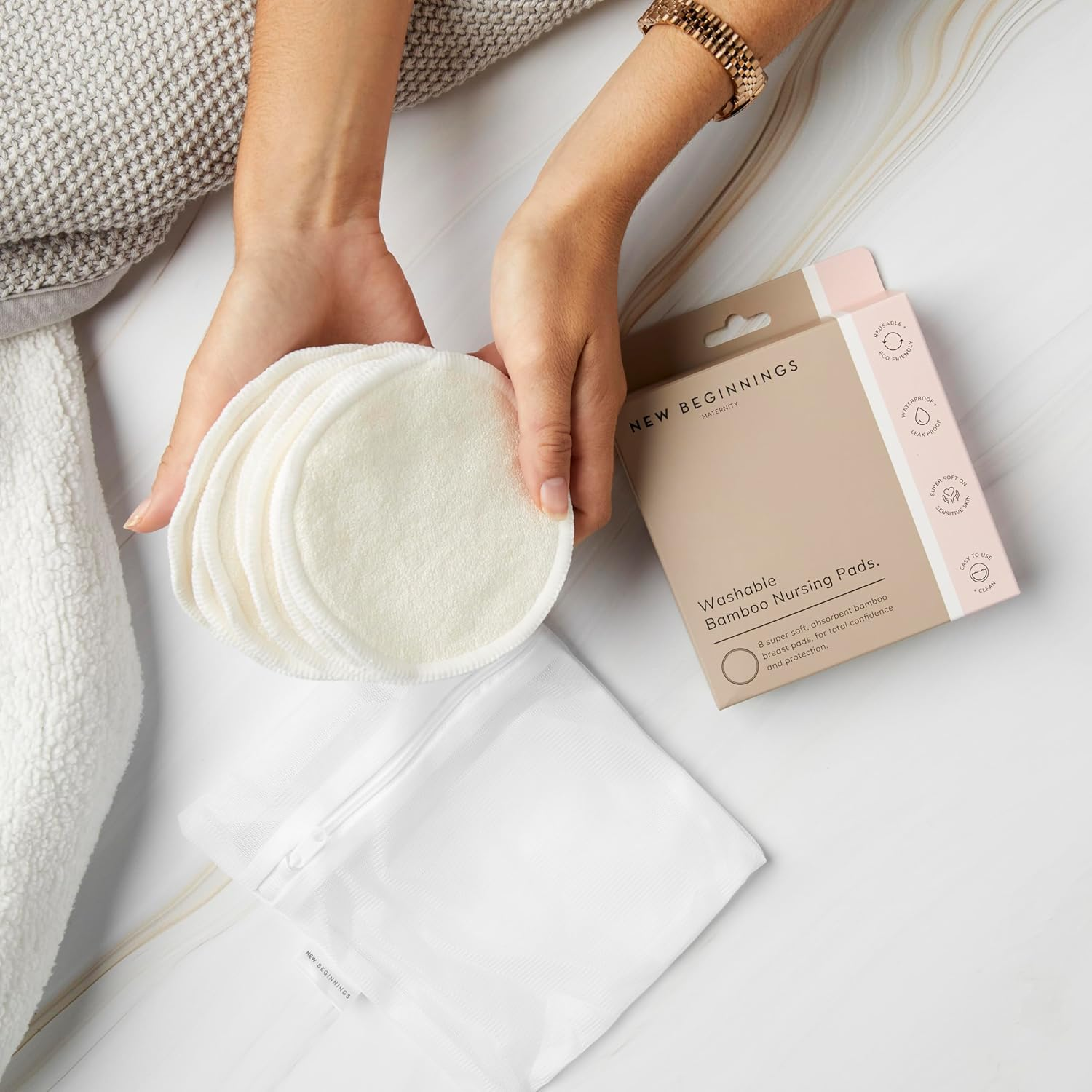 New Beginnings Washable Bamboo Nursing Breast Pads, Super-Soft & Leak-Proof, 8 Pack image number 1