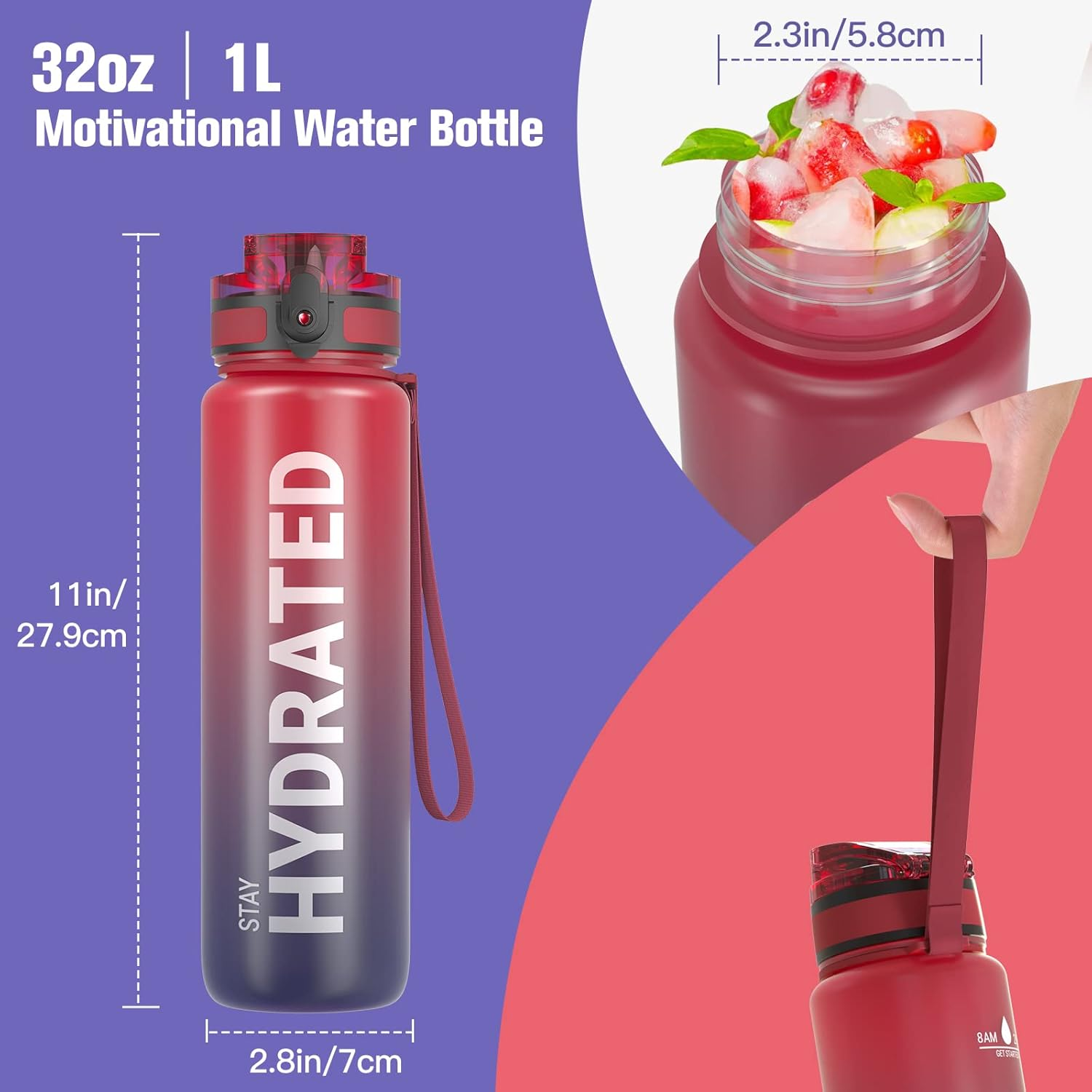 Sahara Sailor Water Bottles, 32Oz Motivational Sports Water Bottle with Time Marker - Times to Drink - Tritan, BPA Free, Wide Mouth Leakproof, Fast Flow Technology with Clean Brush (1 Pack) - A-Bubble Gum image number 5