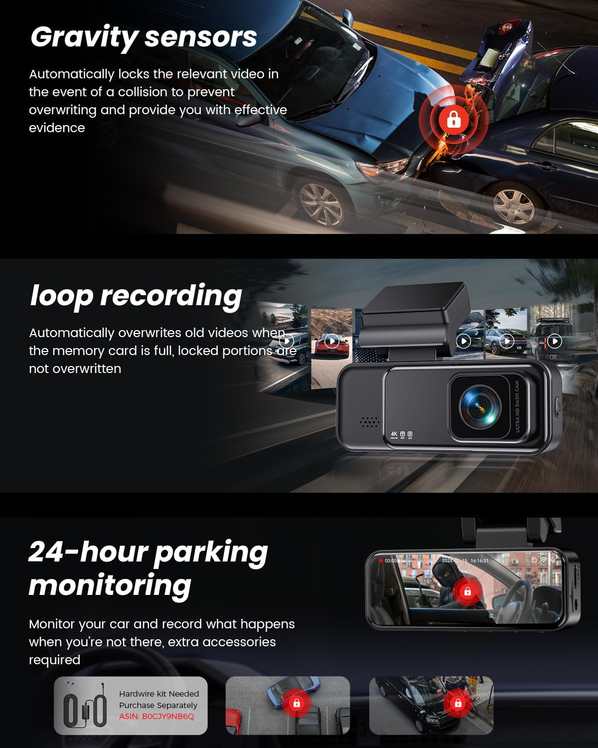 COOLCRAZY Dash Cam, 4K UHD Dash Camera for Cars Built-In GPS, 3.2" IPS Screen Wifi & App Dashcam, 24H Parking Mode, 170&deg;Wide Angle Front Dashcams with 32G Card, WDR, Night Vision, G-Sensor image number 3
