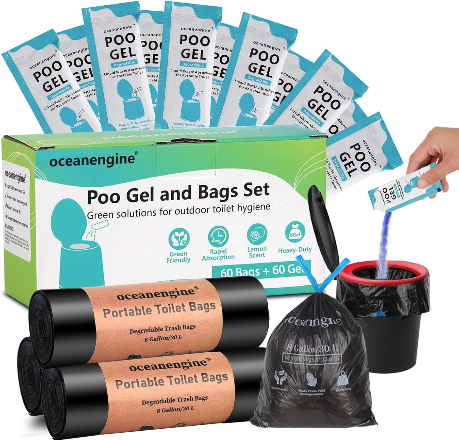 Portable Toilet Bags Poo Gel Set, 8 Gallon Camping Toilet Bags with Portable Toilet Absorbent Gel, Compostable Portable Potty Bags for Camping Outdoor Hiking