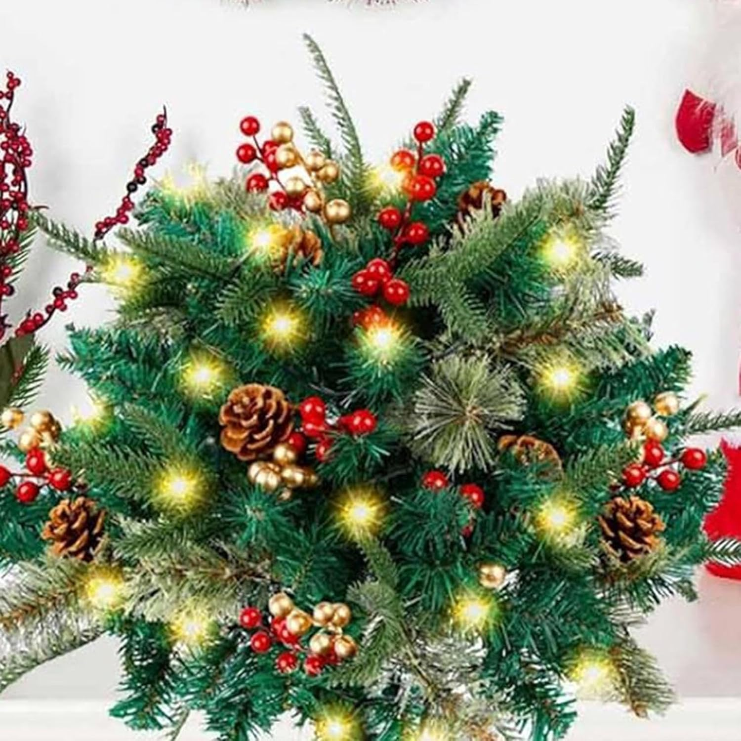 Decorative Christmas Pine Tree, Outdoor Lighted Faux Yard Tree with 8 Lighting Modes, Realistic Christmas Tree with Cones and Red Berries for Home Patio image number 1