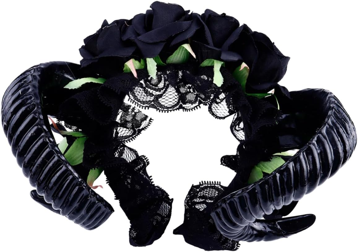 FRCOLOR Black Rose Headband Halloween Hair Band Simulation Horns Gothic Headband Hair Accessories for Vampire Demon Costume Party image number 5