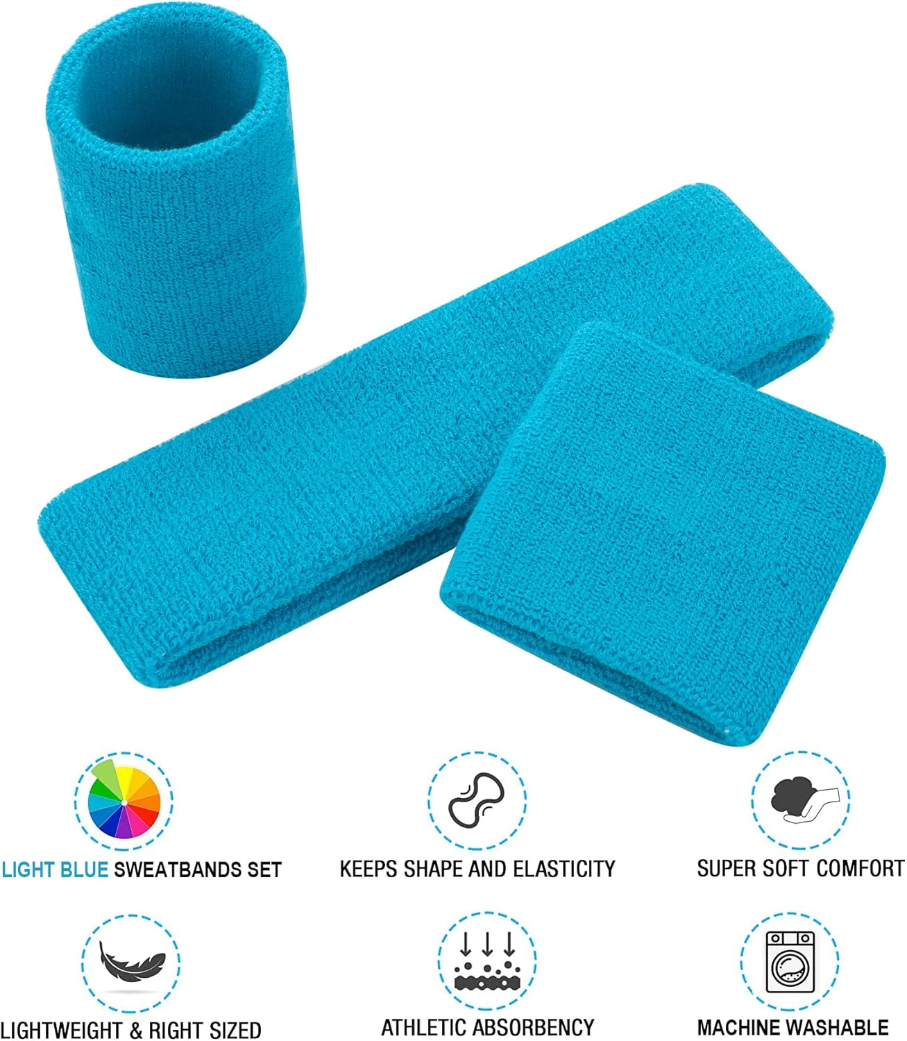 Sweatbands Set, Headband and Wrist Sweatbands Cotton Sweat Band for Athletic Men and Women, Sports Headbands for Fitness Yoga Running - Blue image number 6