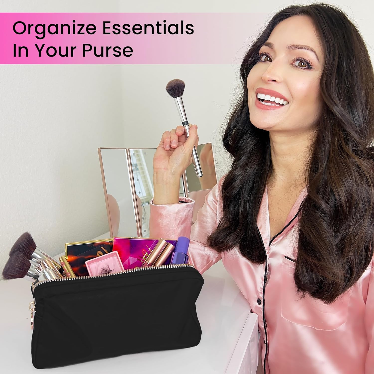 DANCOUR Nylon Makeup Bags for Women Large Preppy Travel Toiletry Pouch Cosmetic Bag Makeup Organizer, Black, Small, Small image number 1