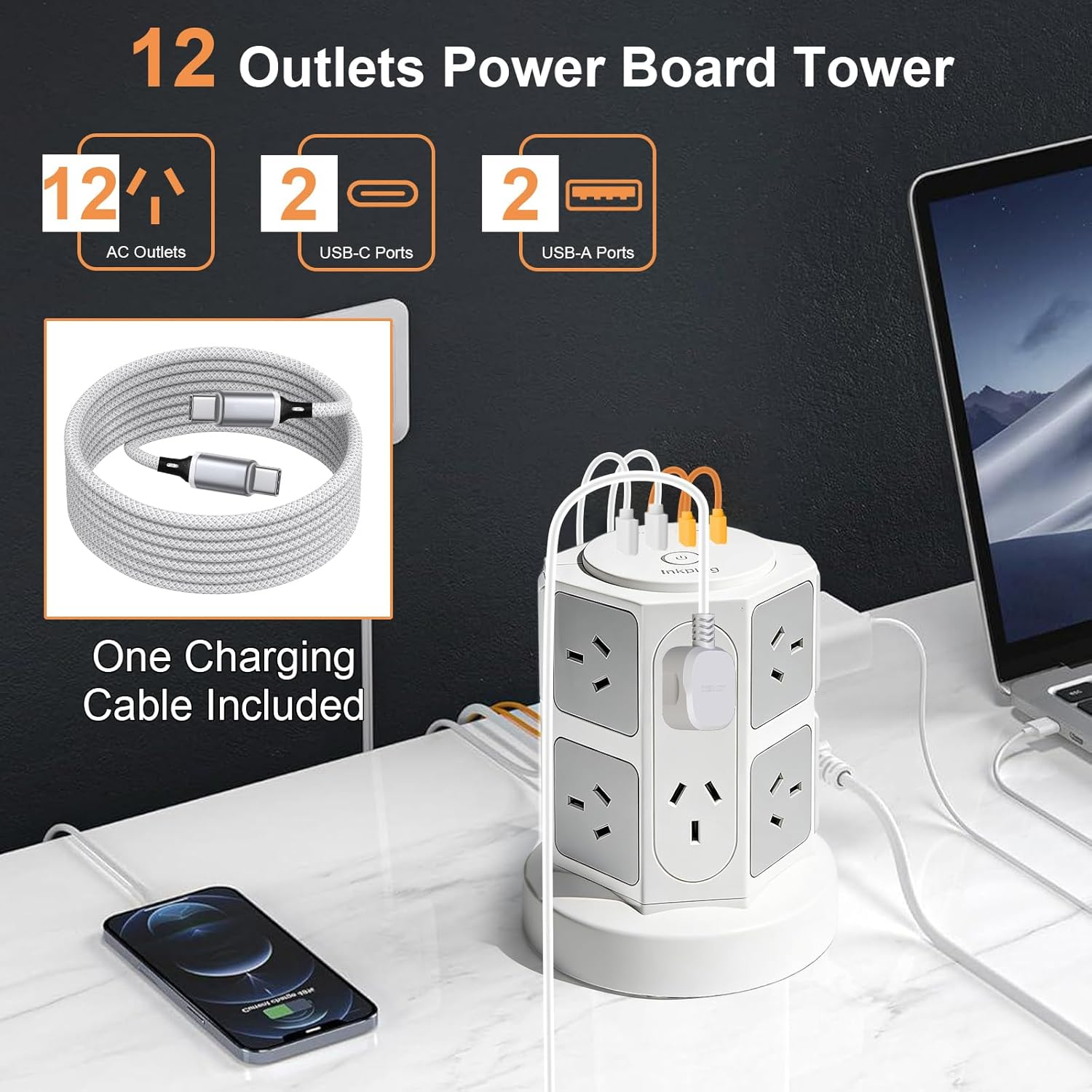 Inkplug Power Board Surge Protected with 12 Widely Outlets, Powerboard with 2 USB C & 2 USB A, 1050J Surge Protector, 2 M Extension Cord, Power Board Tower for Home, Office, School, image number 4
