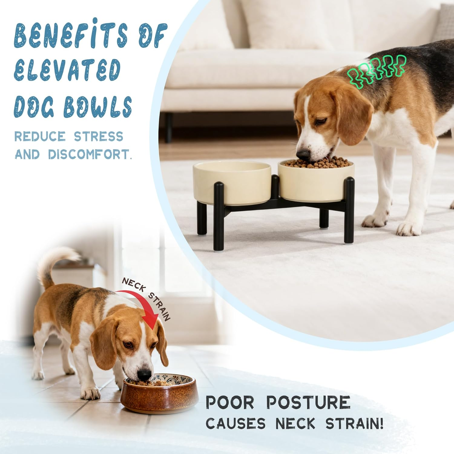 Ceramic Elevated Dog Bowl Set - Dog Feeder Station with Cute-Style Double Bowls for Small and Medium Size Breed - Non-Slip Raised Dish for Food and Water Feeding- 6 Inch - 3.5 Cups / 20 Fl Oz - Khaki image number 6