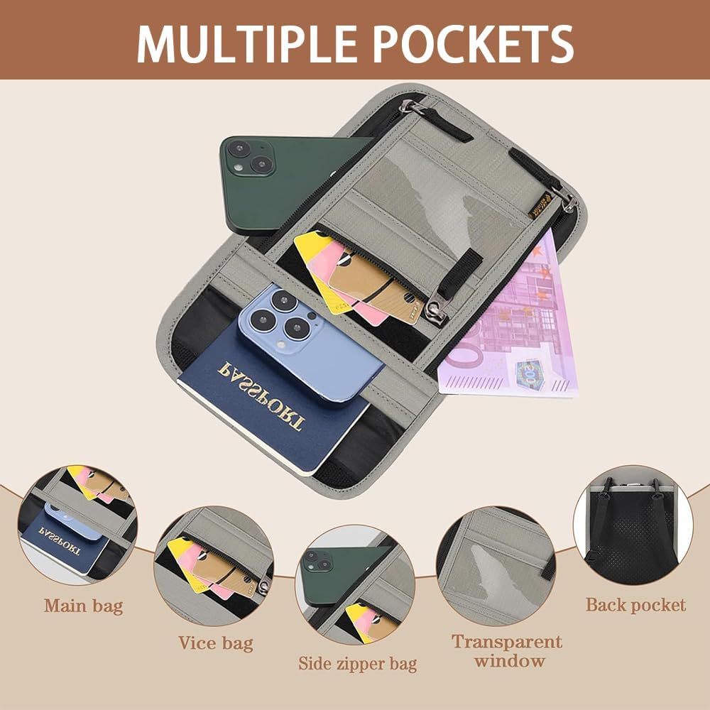 RUTREZOGO Travel Neck Bag Passport Holder with Adjustable Strap, Unisex Lightweight Document Organizer with Zipper for Cash, Credit Cards, and Travel Essentials (Light Gray) image number 2