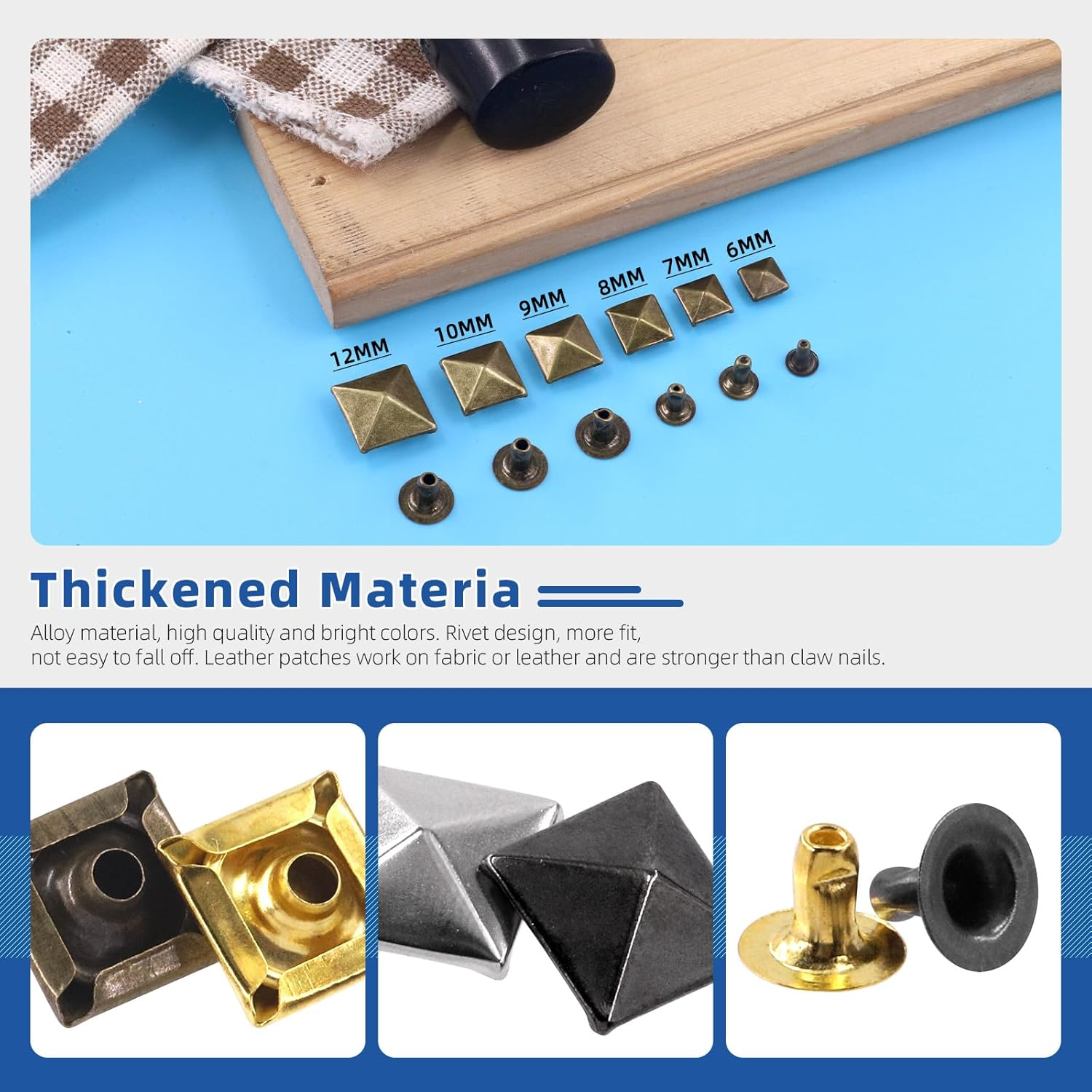 Glarks 150Pcs Bronze Spike Rivet, 6Mm 7Mm 8Mm 9Mm 10Mm 12Mm Pyramid Rapid Rivet Studs Square Punk Spikes Leather Craft Decoration for Clothing Belts Bags Shoes