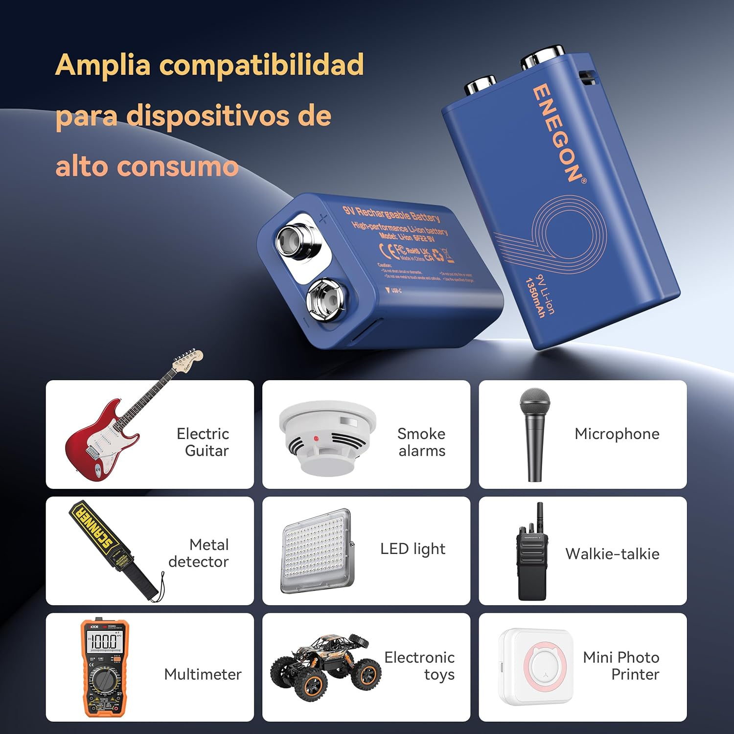 ENEGON 9V 2Pack Rechargeable Battery 5000Mwh (1350Mah) with Type-C Charging, 3 Hours Full Charge, LED Indicator, High Capacity Li-Ion Battery for Smoke Detectors, Wireless Microphones and More