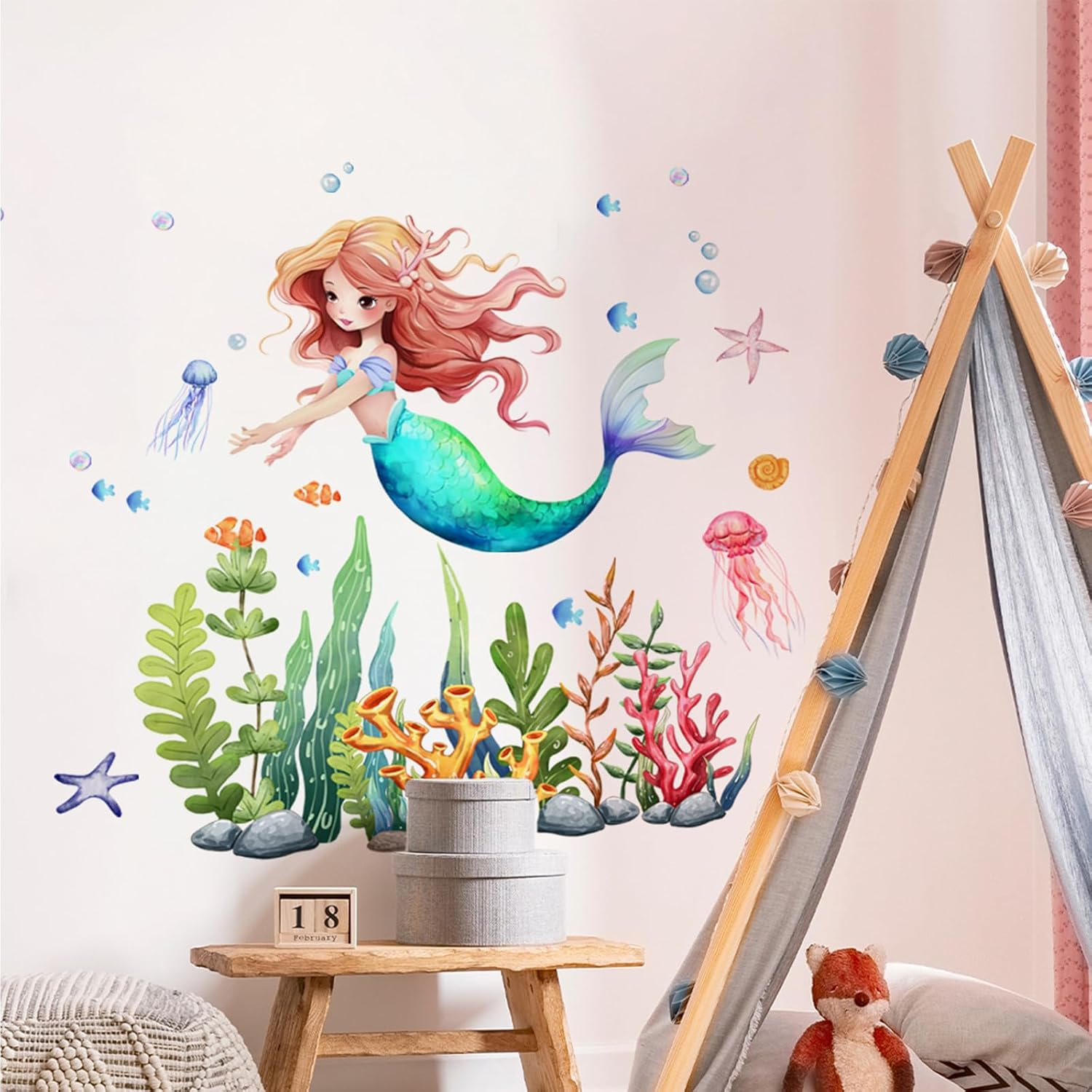 Mermaid Wall Decal Mermaid Fish Seaweed Bubble Wall Stickers under the Sea Marine Fish Seaweed Grass Wall Stickers - Bathroom Baby Kids Nursery Girls Bedroom Daycare Wall Decor image number 5